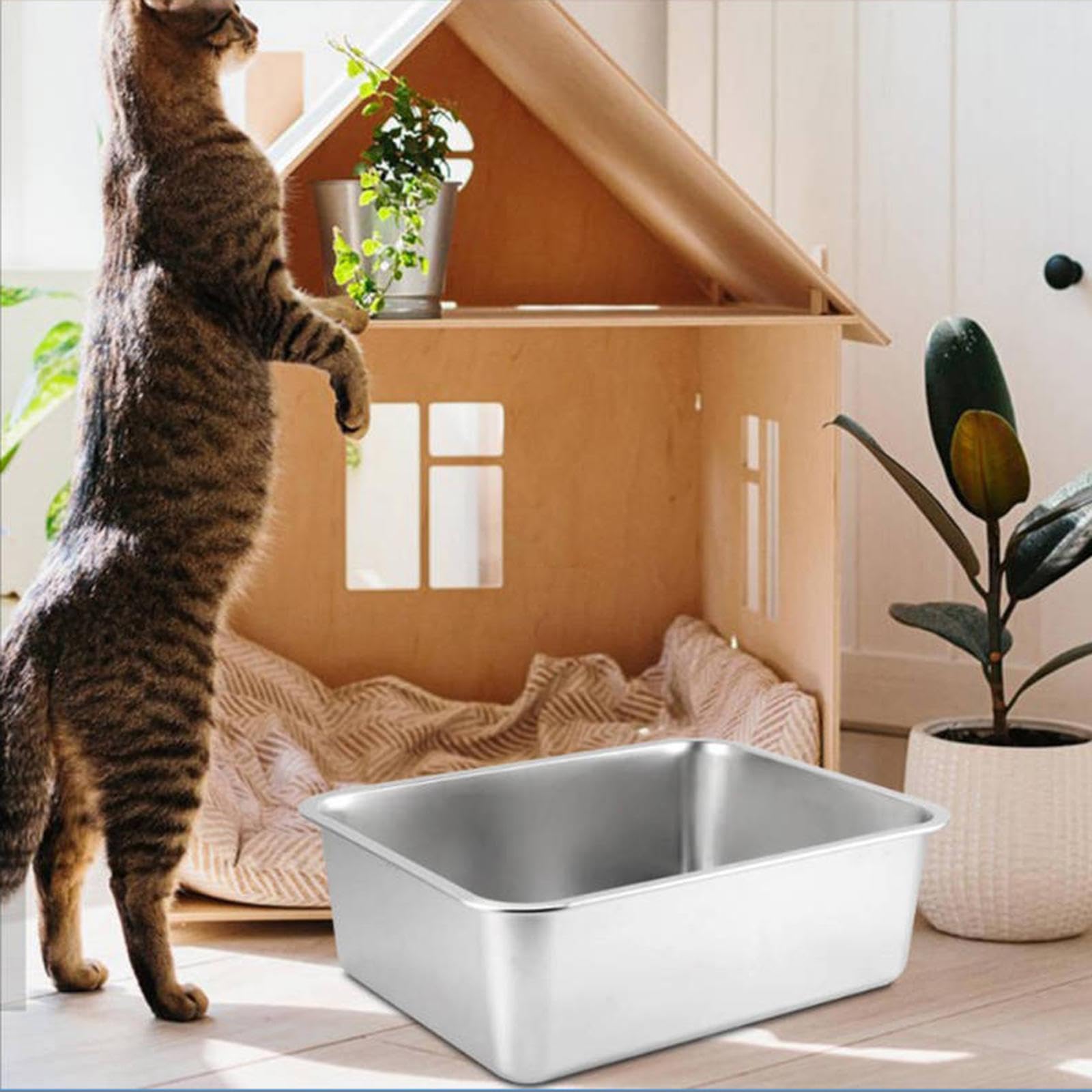 ATORSE Cat Litter Box Stainless Steel Bedpan Splashproof Open Top Sturdy Sand Basin Height 15Cm|Pet Supplies|Cat Supplies|Litter Boxes