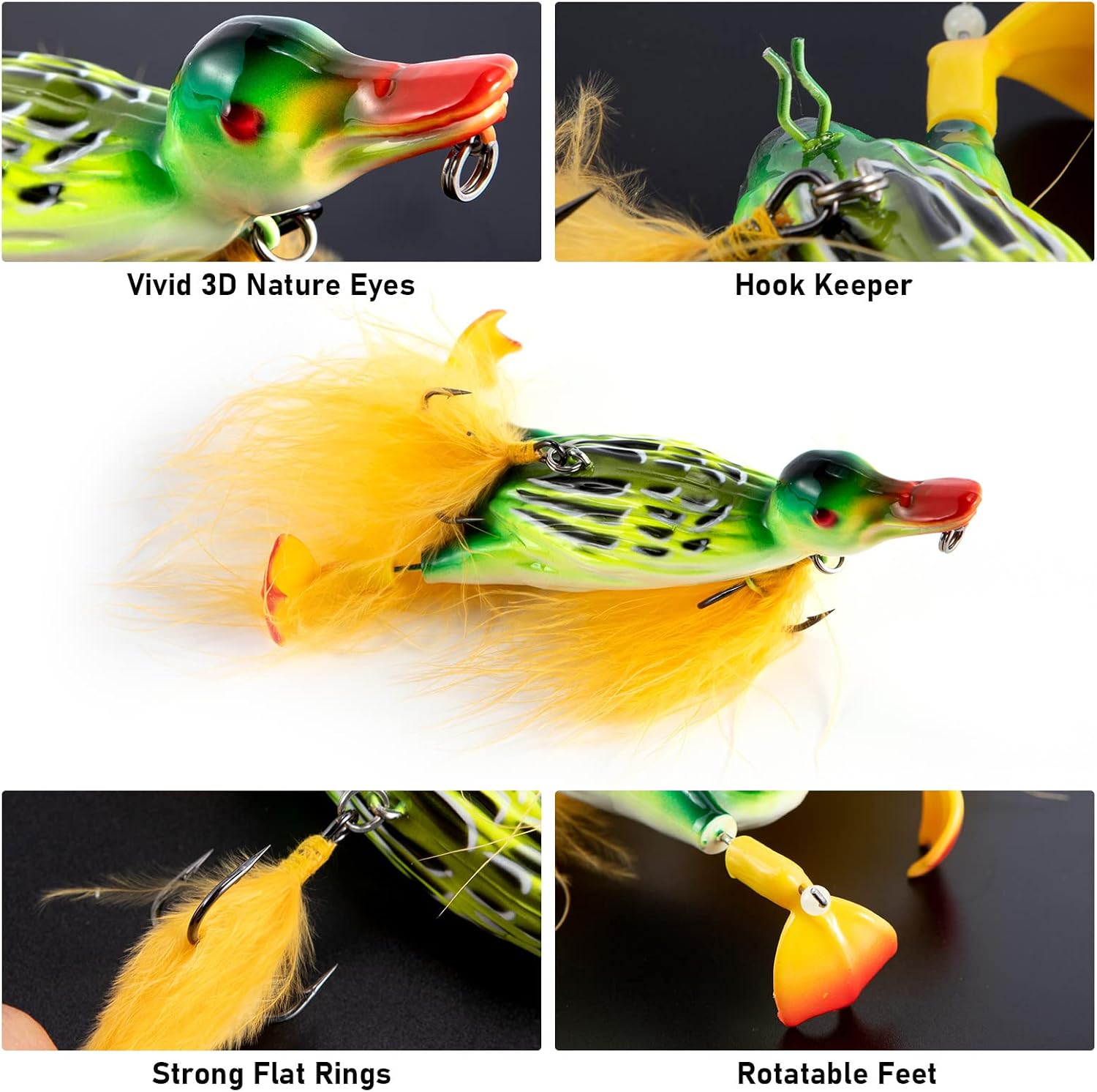 Dr.Fish Duck Fishing Lure 4.1" Lifelike 3D Duck Poppers Floating Hard Bait Feathered Hooks Artificial Bait Bass Pike Catfish Fishing Lures