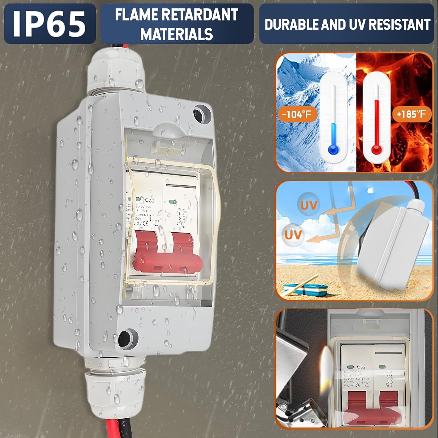 2P DC 500V 32A Solar Disconnect Switch, Miniature Circuit Breaker with IP65 Waterproof Box & PV Connectors, Photovoltaic Combiner Box for Solar Panel System RV Marine