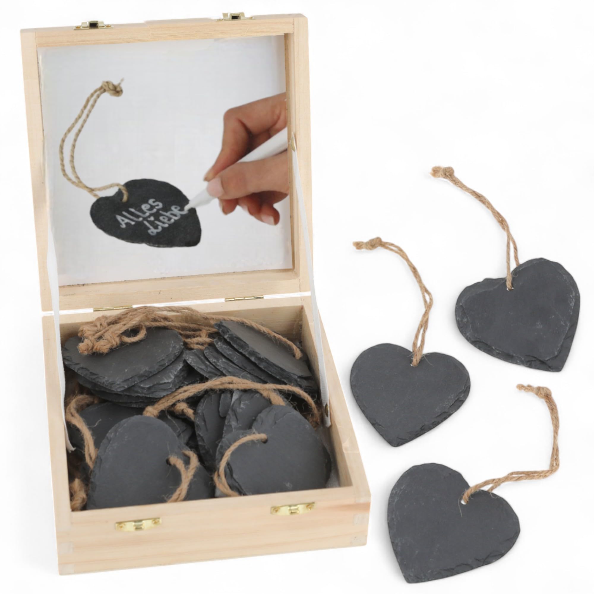 MIJOMA Schieferherzen 7x7cm – 18er Set Anhänger aus Naturschiefer mit Juteband in Holzbox – DIY Dekoration & Geschenkanhänger beschriftbar, rustikal & kreativ