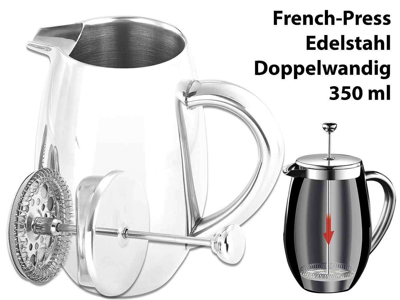 Rosenstein & Söhne Cafeteras de émbolo - Jarra de vacío: Aislado térmicamente Cafetera, Sistema de prensa francesa, acero inoxidable (Sello puede Thermo, Frenchpress, café)