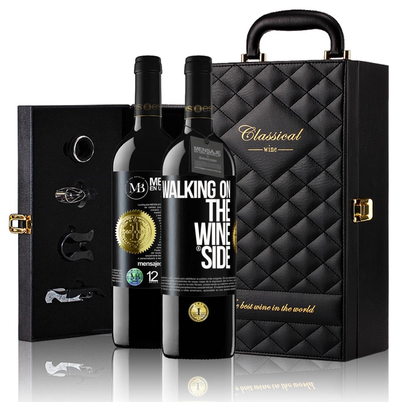 «Walking on the Wine Side» Mensaje en una Botella. Estuche-Maletín de LUJO 2x Vino Tinto Premium Reserva 12 Meses y Set de 4 Accesorios. Etiqueta Negra PERSONALIZABLE