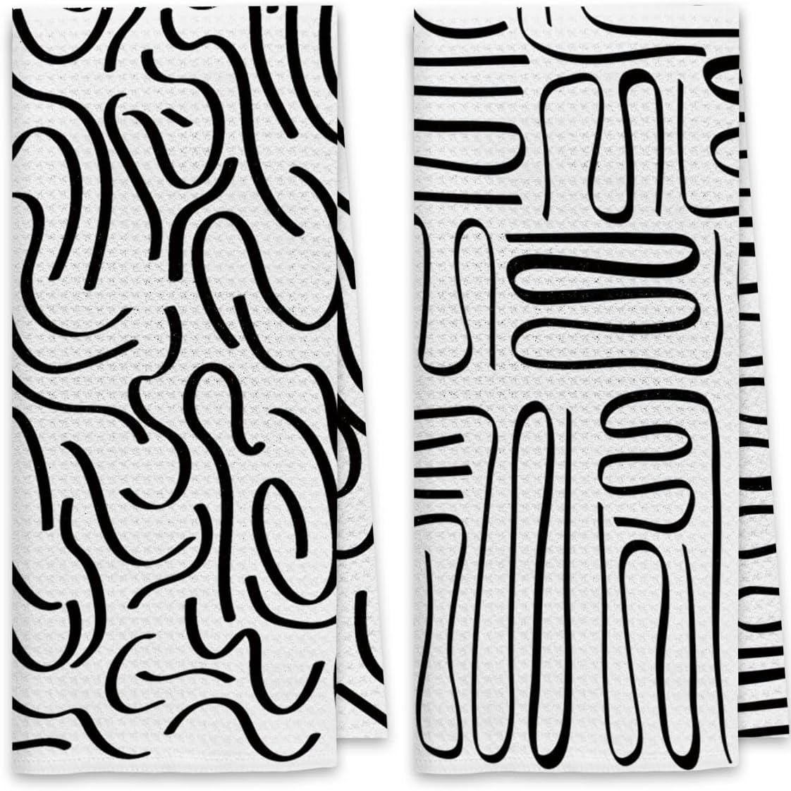 DiborBlack and White Kitchen Towels Dish Towels Dishcloth Set of 2, Boho Kitchen Towels, Abstract Art Line Decorative Absorbent Drying Cloth Hand Towels Tea Towels for Bathroom Kitchen