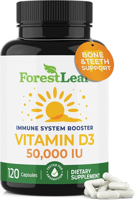 ForestLeaf Vitamin D3 50,000 IU High Potency Weekly Supplement, 120 Ct | Bone, Teeth and Immune Support, Extra Strength Cholecalciferol Capsules for Men and Women, Non-GMO, 2 Year Supply - USA Made