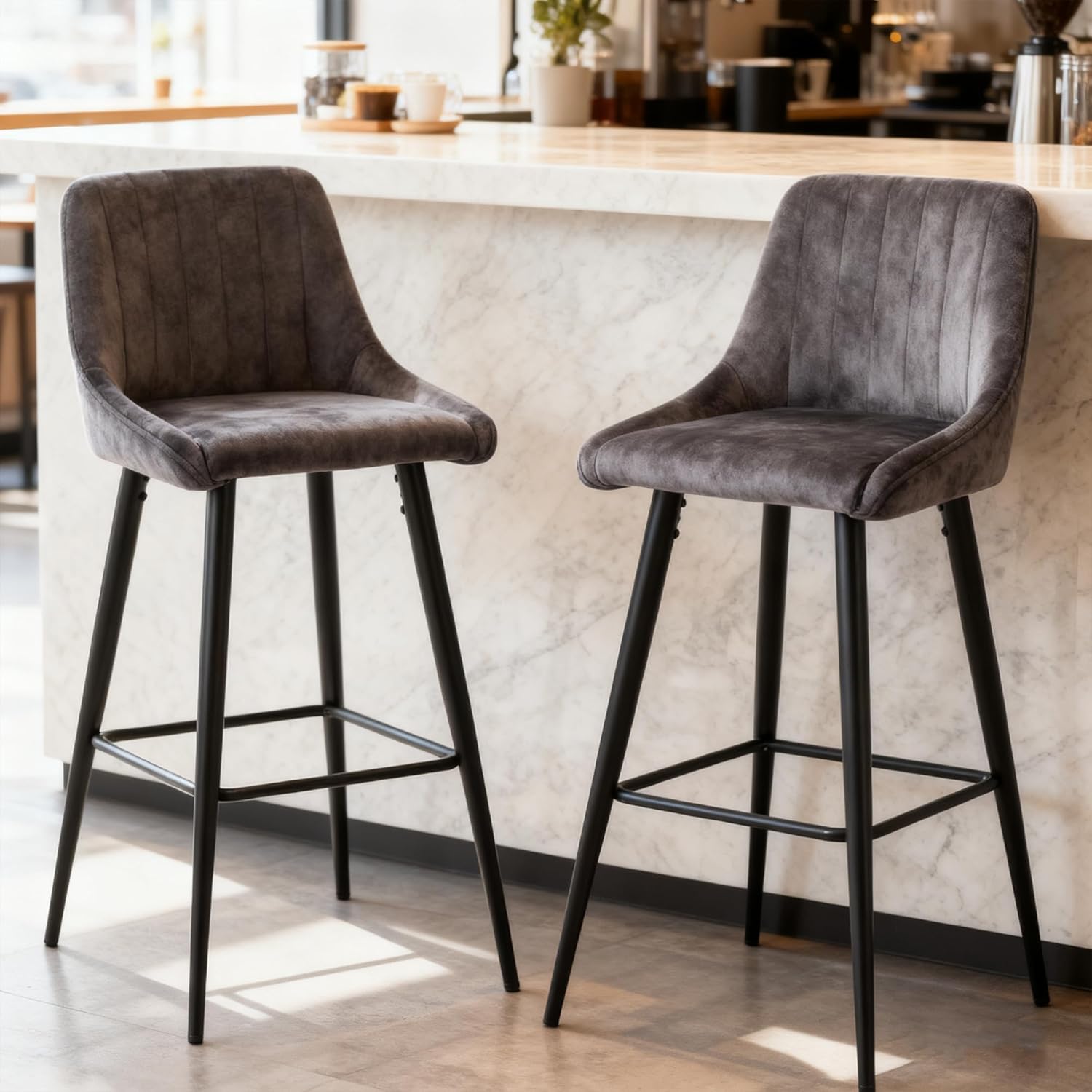 DUHOME Velvet Bar Chairs Set of 2, Barstools Velvet Stool Modern Counter Chairs Pub Bar Stools Set,Grey