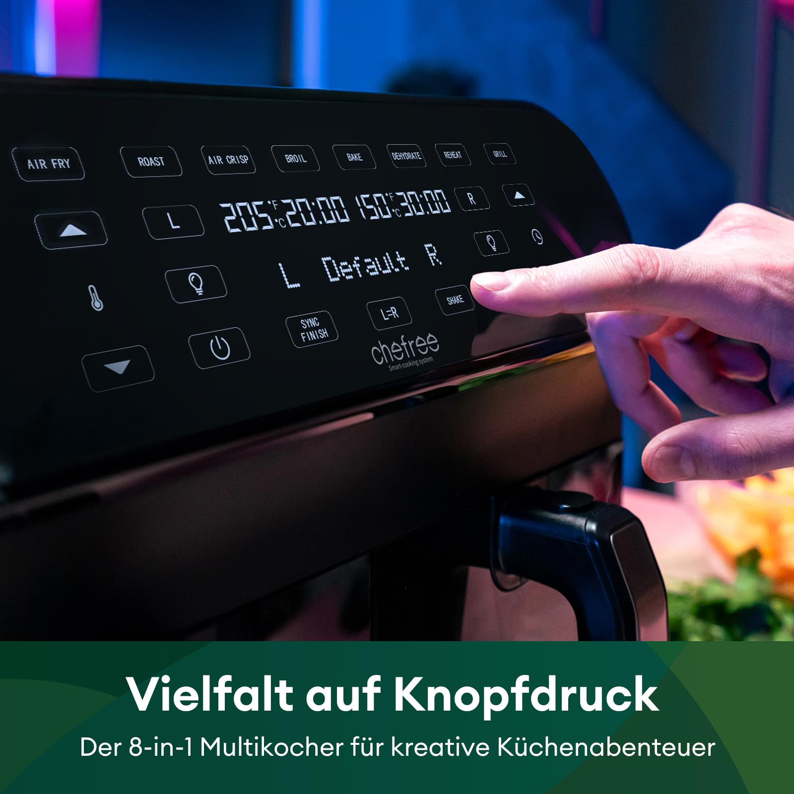 CHEFREE Dual Zone Heißluftfritteuse mit Sichtfenster, 8L XL Kapazität Doppel-Airfryer,LED-Touchscreen,Antihaftbeschichtung, 8-in-1 ,Smart und Timer-Funktion,spülmaschinenfeste Körbe,Schwarz,AFW20
