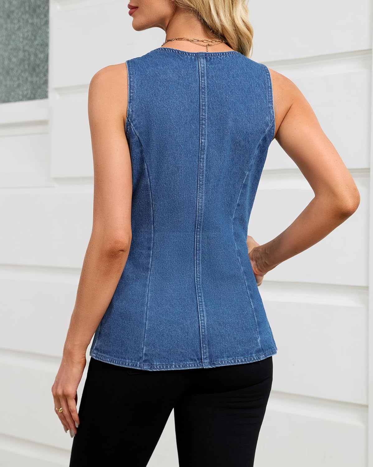 Kedera Denim Vest for Women Button Down Long Jean Waistcoat Casual Scoop Neck Sleeveless Denim Jackets Slim Fit Jean Top - Image 2