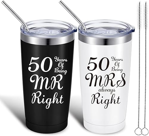 Juego de 2 tazas de café de aniversario de boda, regalo de aniversario, juego de regalo de Being MRMRS Always Right, vaso de 20 onzas con tapas y