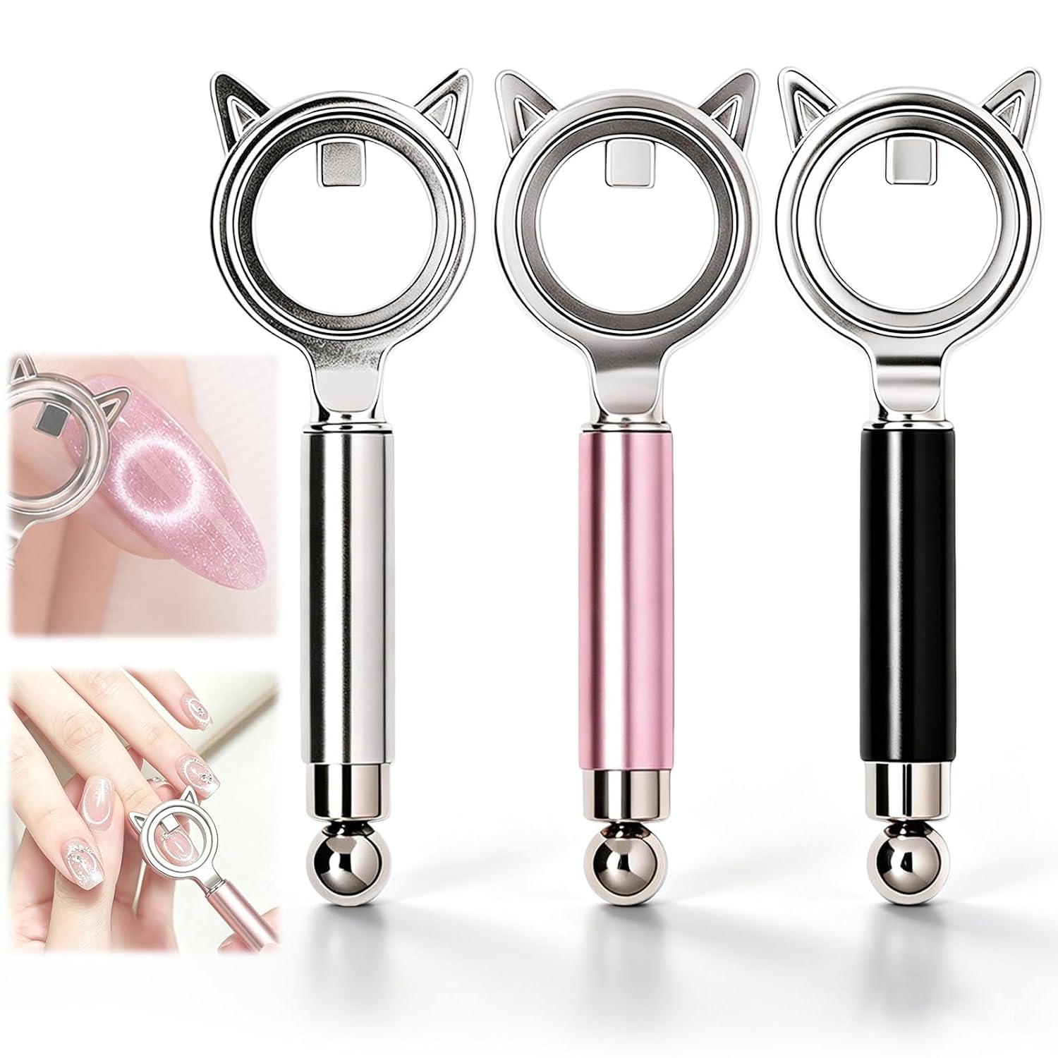 3Pcs Cat Ear-Shaped Cat Eye Magnet for Nails,Cateye Magnet for Nails,Nail Magnet Tool,Portable Cat Eye Nail Art Tool for DIY,Beginners & Nails Artists