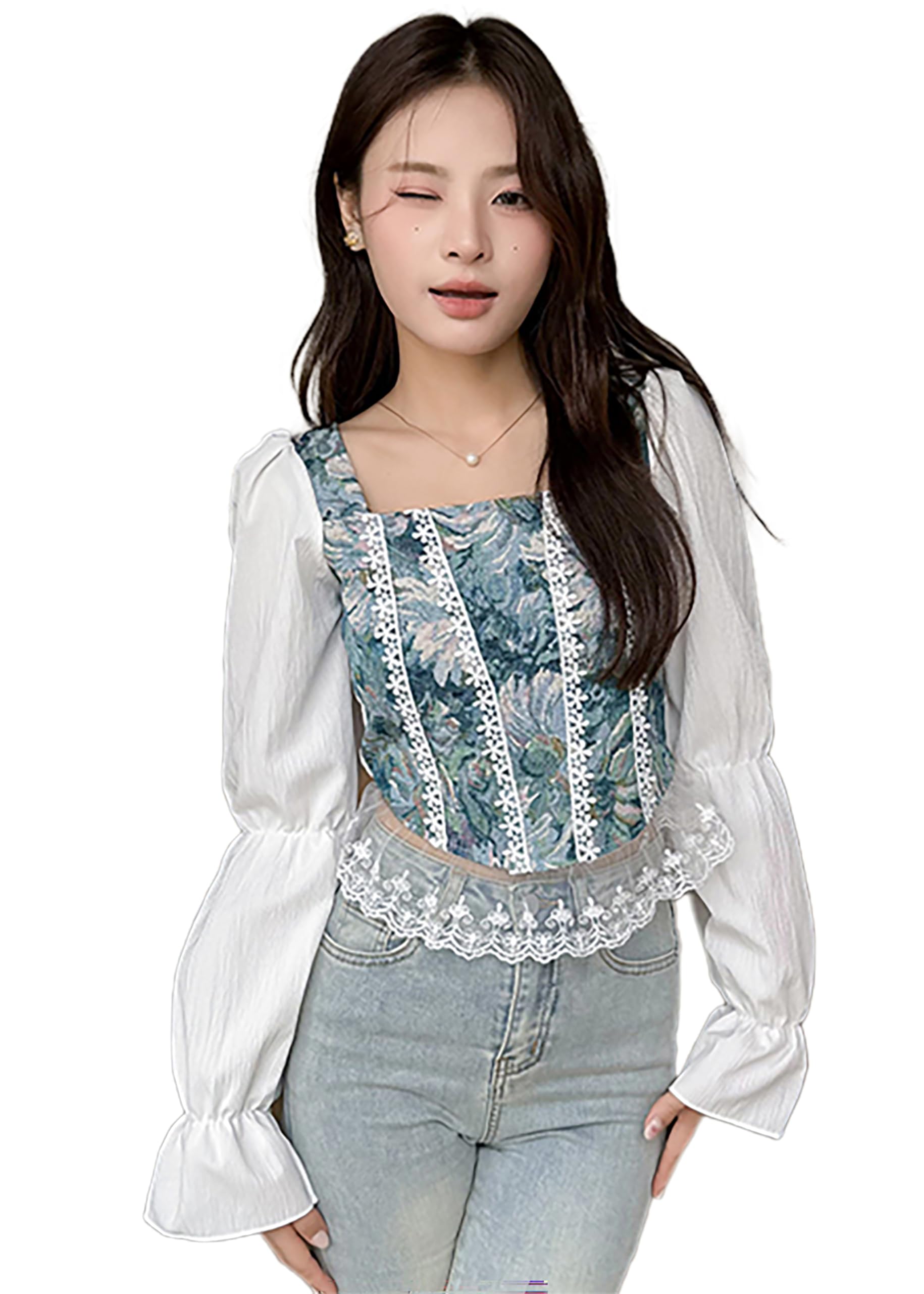 icw Women French Retro Style Floral Jacquard Square Neck Smock Long Puff Sleeve Ruffled Crop Blouse Corset Top Dn39-picture-21