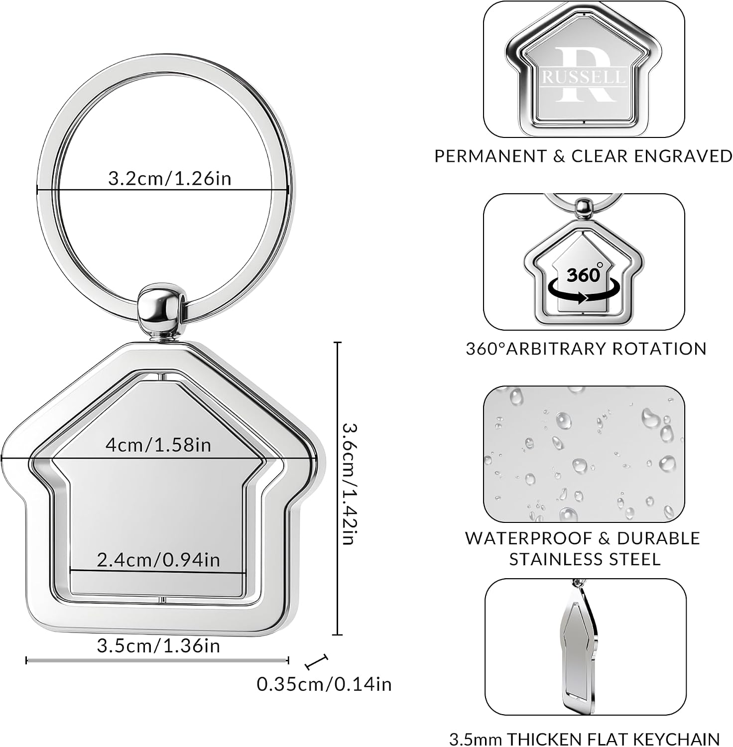 Custom Home Keychains in Bulk,Pack 5-100 Metal Rotating House Shaped Personalized Keychains with Your Engraved Logo/Text for Housewarming,Realtor,Real Estate Agent Gift,Givaways