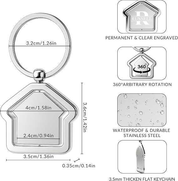 Custom Home Keychains in Bulk,Pack 5-100 Metal Rotating House Shaped Personalized Keychains with Your Engraved Logo/Text for Housewarming,Realtor,Real Estate Agent Gift,Givaways