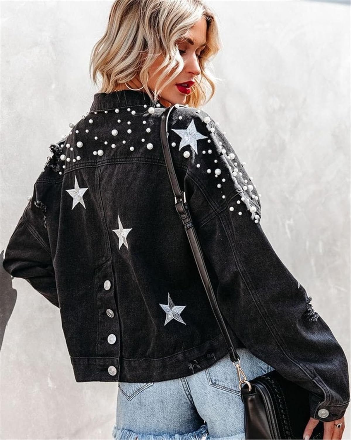 Women's Pearl and Star Denim Jacket Oversized Ripped Distressed Denim Jean Jacket Coat - Image 4