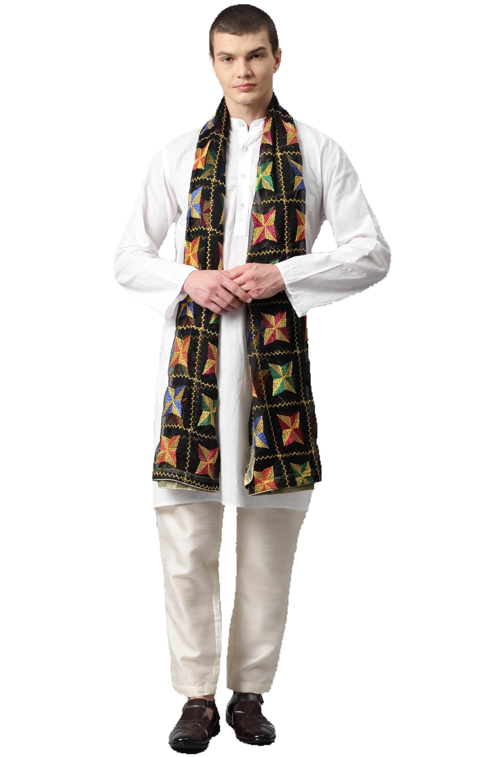 Weavers Villa Net Floral Black Phulkari Embroided Dupatta For Men (2.20 Mtrs)