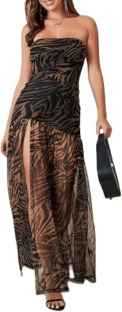 Women Strapless Tube Top Dress Summer Backless Leopard Print High Slit Long Dress Party Club Night Out Dress