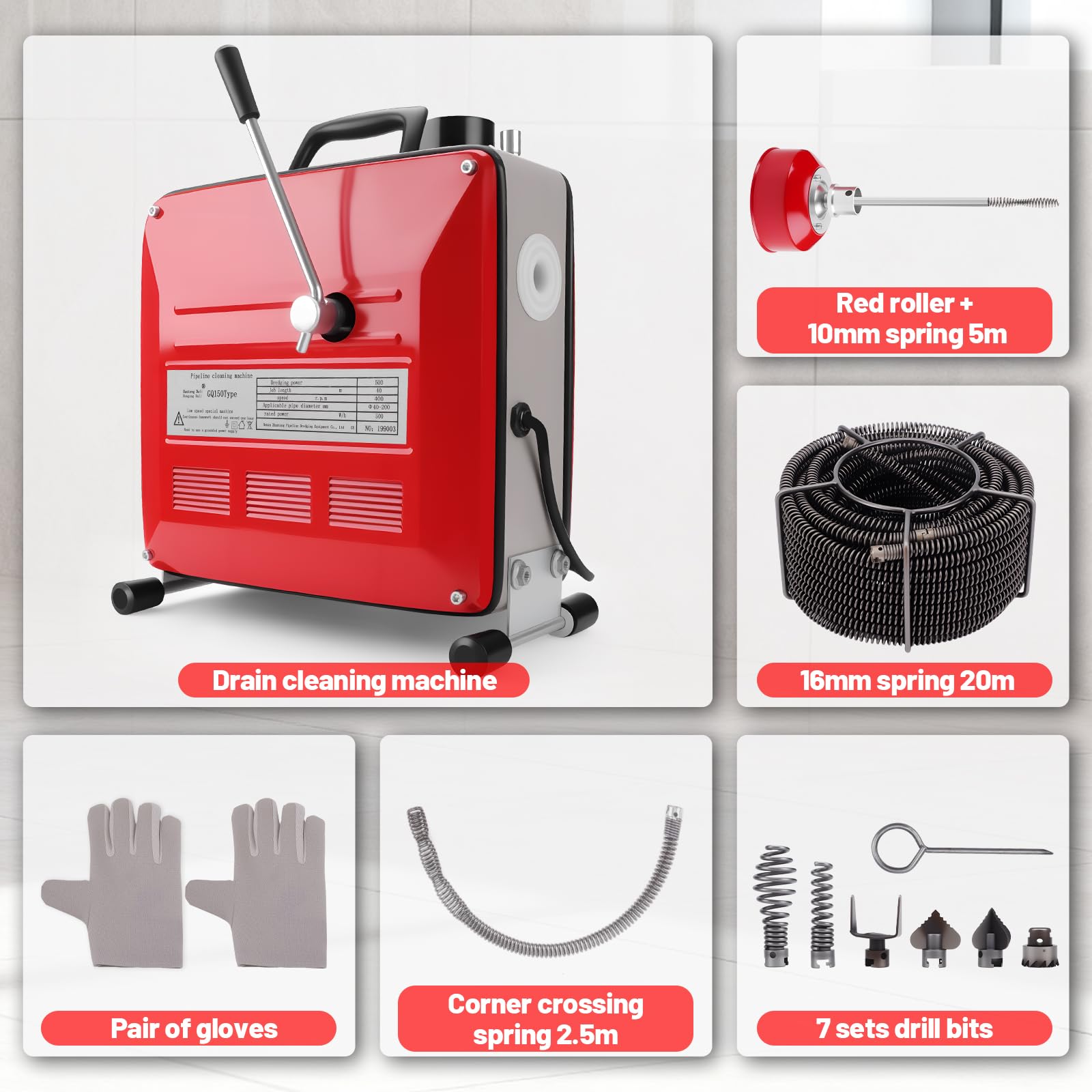 KAOLALI 500W Macchina Sturatubi Elettrica,ulitore Elettrico di Scarico Tubo | 400 Giri/Min,con 6 Taglierine e 20M Molle,Pulitrice per Tubi di Scarico per Pulizia Fognature Docce Bagni Cucine