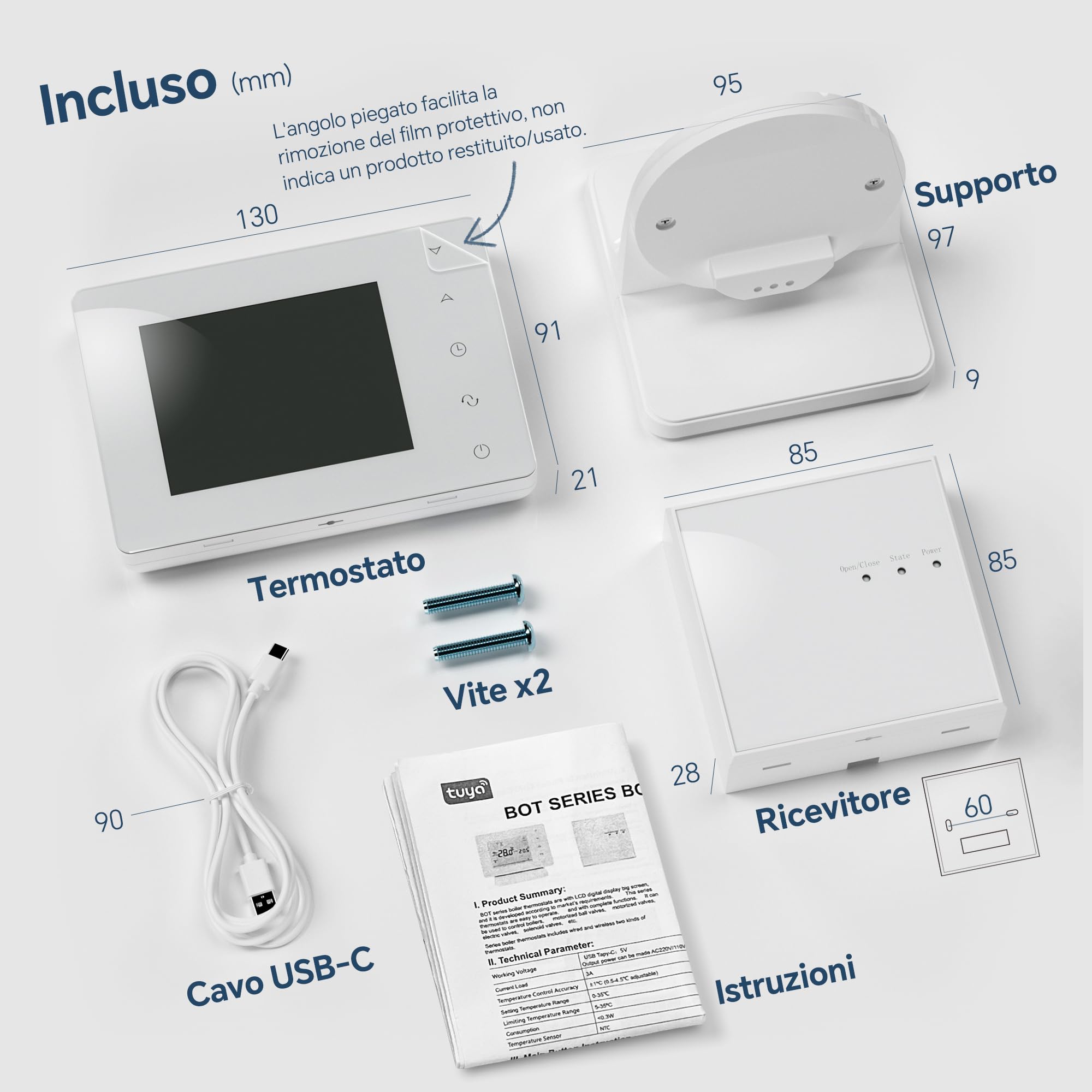 Termostato Caldaia a valvole 2 in 1,termostato WIFI intelligente wireless programmabile settimanalmente. compatibilità vocale alexa. termostato alimentato via usb,con ricevitore. BOT-306RF