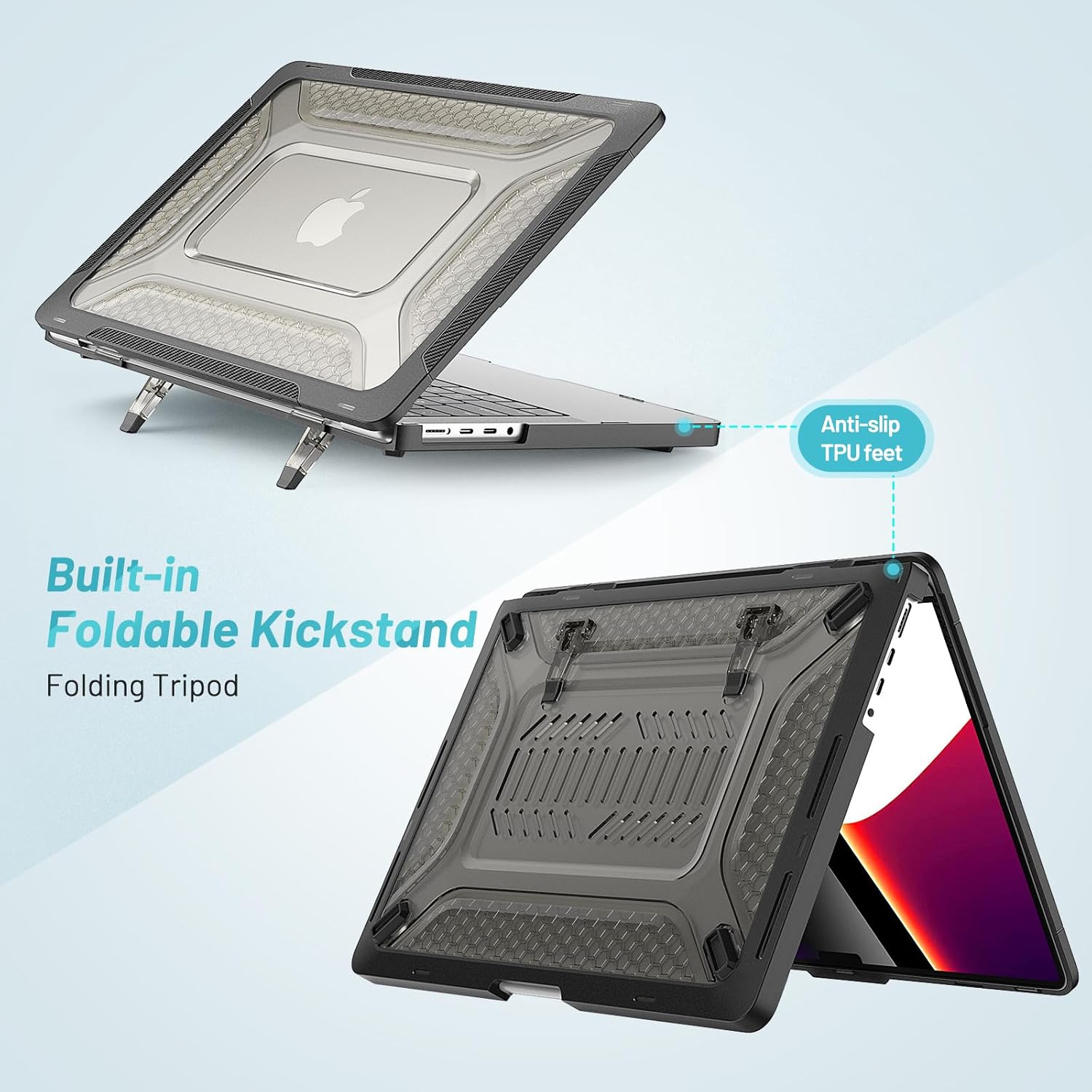 KEROM Heavy Duty Rugged Case for MacBook Pro 14 Inch 2026 M5, 2021-2025 M4 M3 M2 M1 A3427 A3426 A3434 A3112 A3185 A3401 A2918 A2992 A2779 A2442, Honeycomb TPU Bumper Hardshell with Kickstand, Black