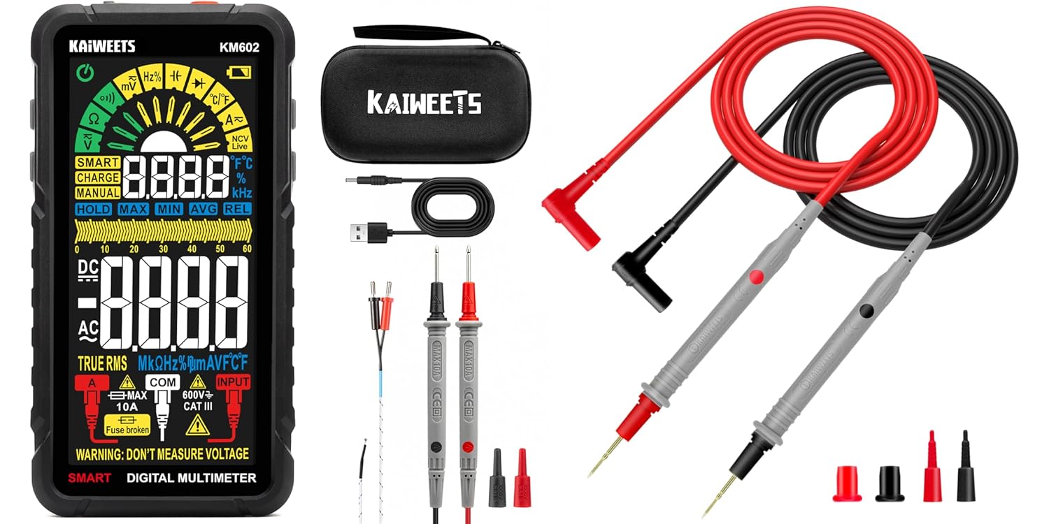 KAIWEETS KM602 Smart Multimeter Rechargeable Electrical Tester with Auto Ranging and KAIWEETS KET20 Silicone Multimeter Test Leads with Gold-Plated Probes