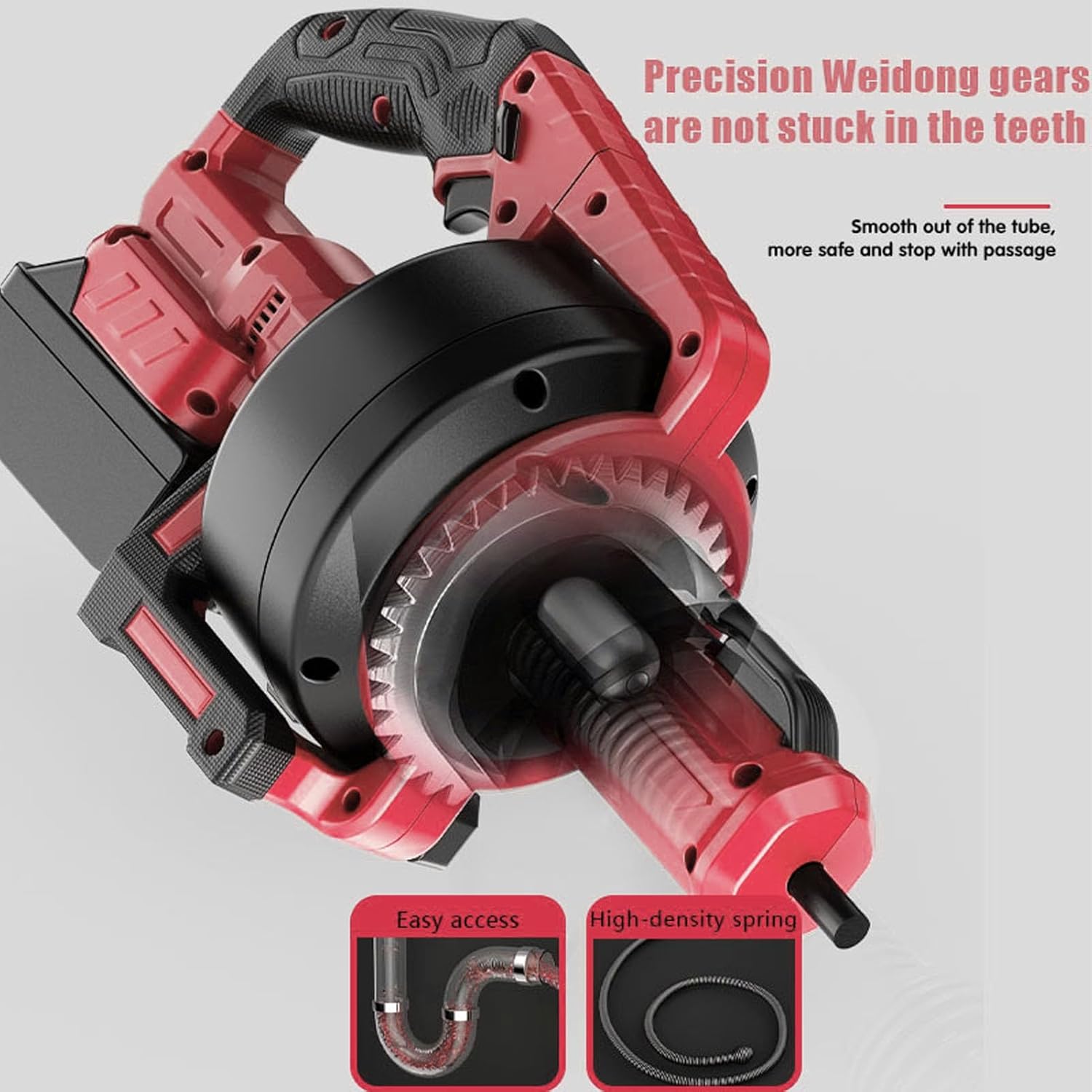Унутраны view of the drain auger showing precision gears, high-density spring, and a diagram of a P-trap for easy access.