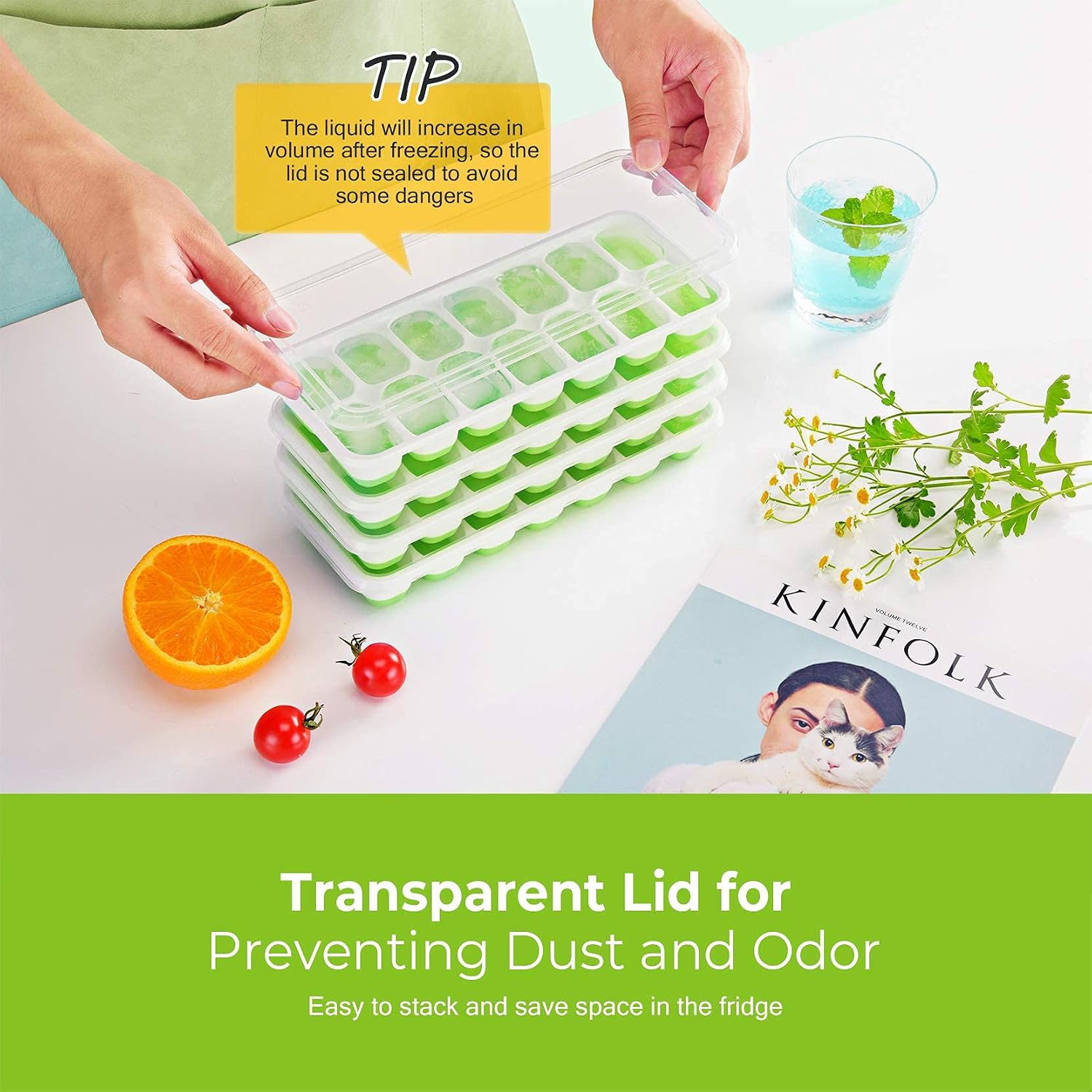 Ice Cube Tray, Easy Release Ice Tray BPA Free, 4 Pack 14-Ice Cube Tray with Lid, Stackable Silicone Ice Cube Mold, Suitable for Frozen Drinks, Coffee, Baby Food and Fruit