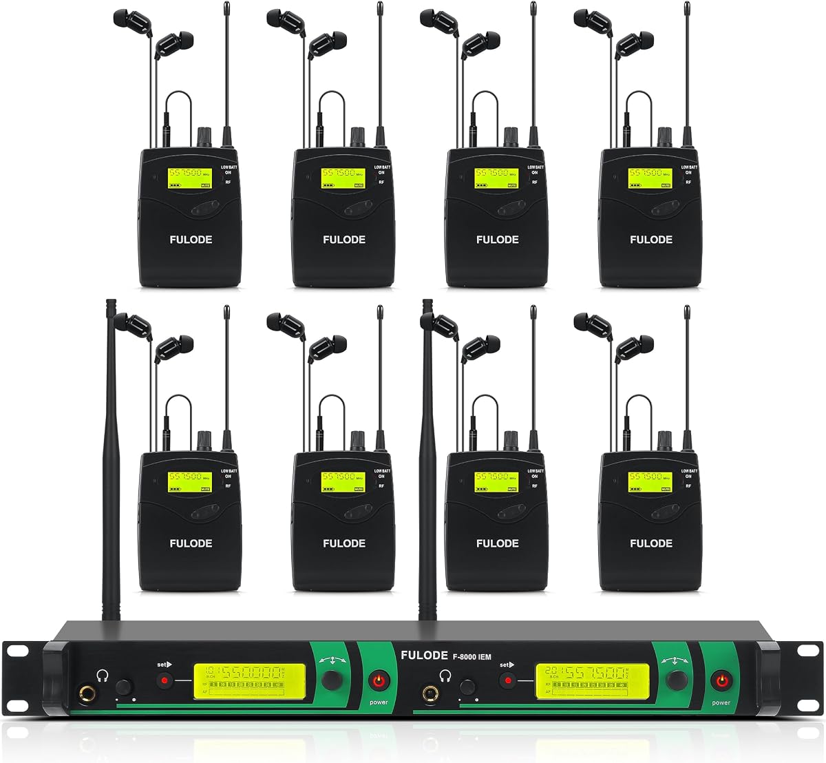 IEM UHF Sistema inalámbrico de monitor de oído, 2 canales, 8 petacas de monitoreo con auriculares, 2 x 40 frecuencias UHF, para escenario, estudio e iglesia, rango de 330 pies (8 petacas)