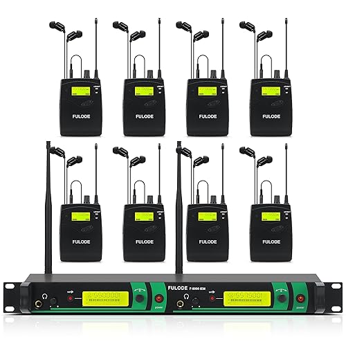 FULODE IEM UHF Wireless in Ear Monitor System 2 Channel 8 Bodypacks Monitoring with in Earphone, 2x40 UHF Frequencies, for Stage, Studio and Church, 330Ft Range (8 Bodypack)