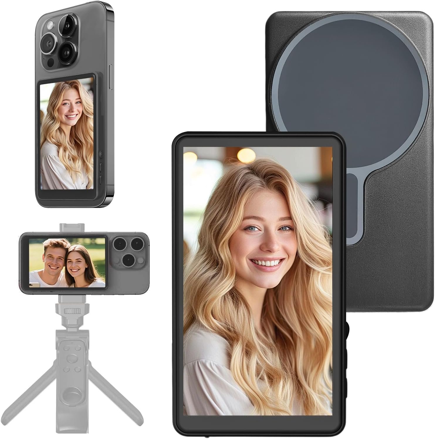 4" Vlog Selfie Monitor Screen for iPhone - Magnetic Back Camera Monitor with 4K HD, Wireless Remote, WiFi Live View & Built-in Speaker, Camera Buttons, 180° Rotation for Short Video/Live