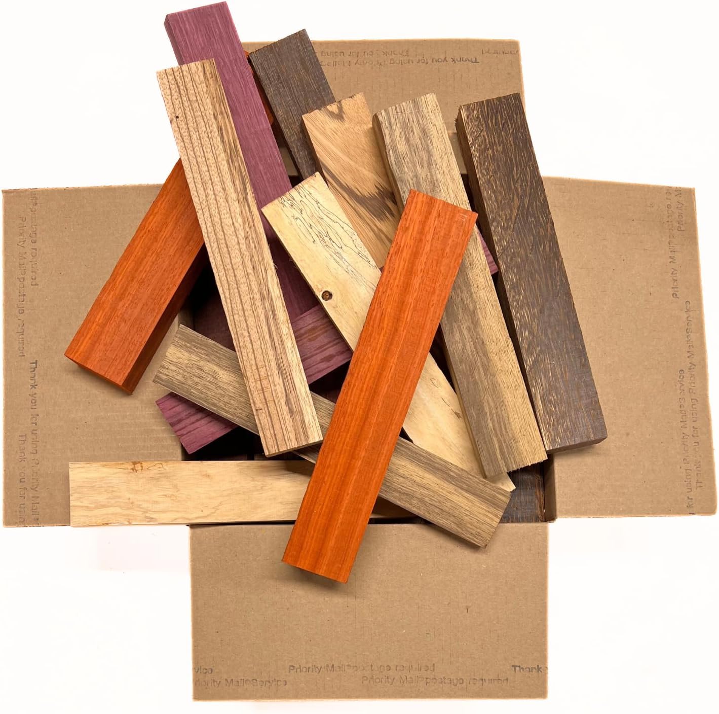 Exotic Wood Zone's Scarp Wood Cut Offs Box of Mixed Exotics (Purpleheart, Padauk, Black Palm, Bubinga, Tamarind and Black Limba) Wooden Scrap Craft Carving Scrolls Short Lumber Boards |