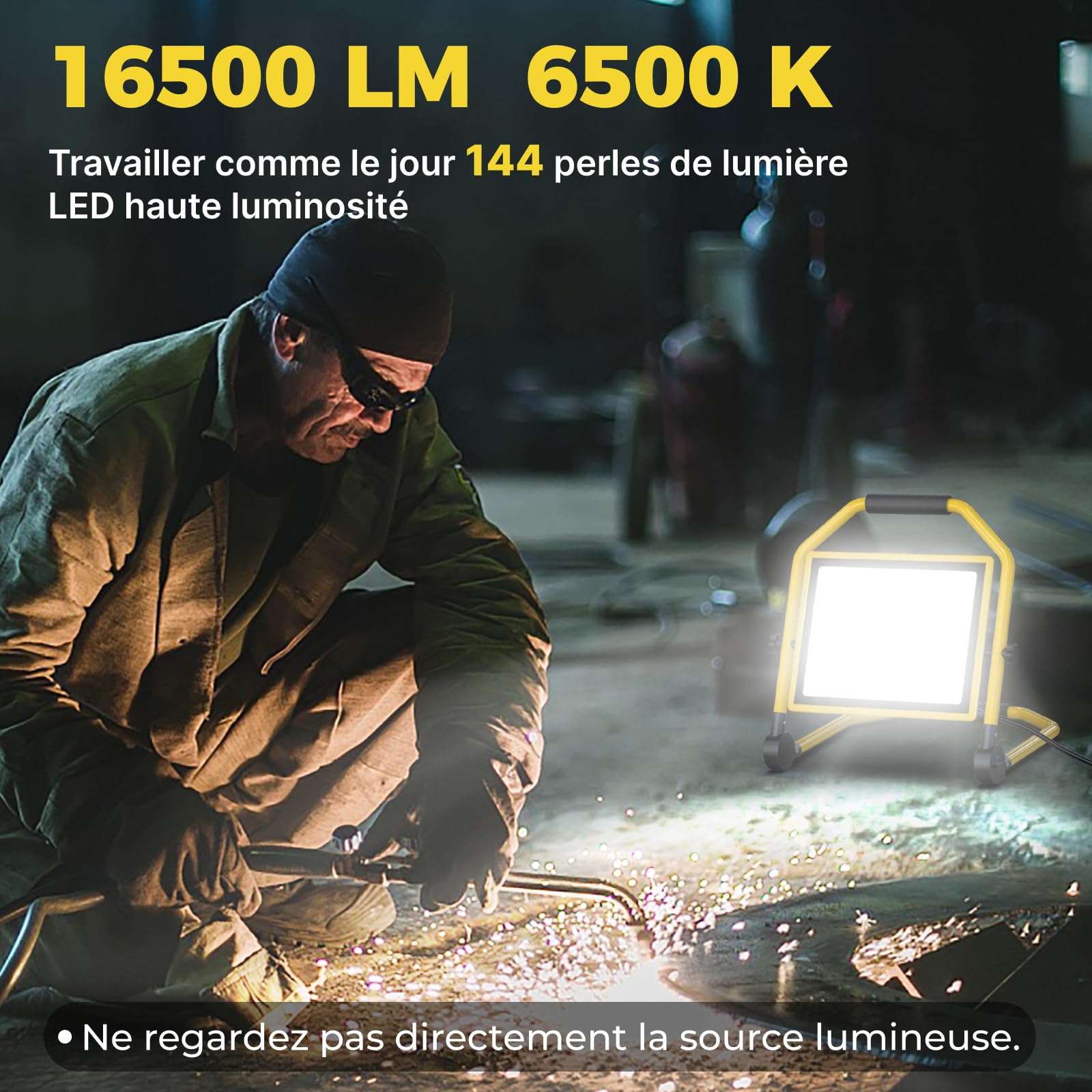 Projecteur de Chantier à LED 16500 Lumens, Câble 16FT, 6500k, étanche, Support Réglable Idéal pour les Ateliers Intérieurs et Extérieurs, les Garages et les Chantiers de Construction (150W)