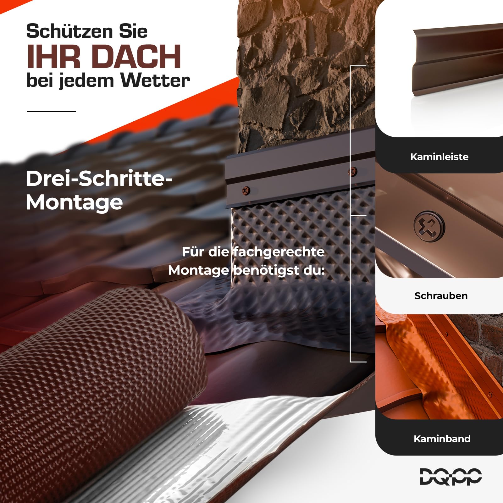 DQ-PP WANDANSCHLUSSBAND – Länge 5m – Breite 300mm – Graphit RAL 7016 – hochwertiges Aluminium und Butyl – Selbstklebend – Dach Kaminanschlussband 3D Struktur Dachabdeckung Aluminiumband
