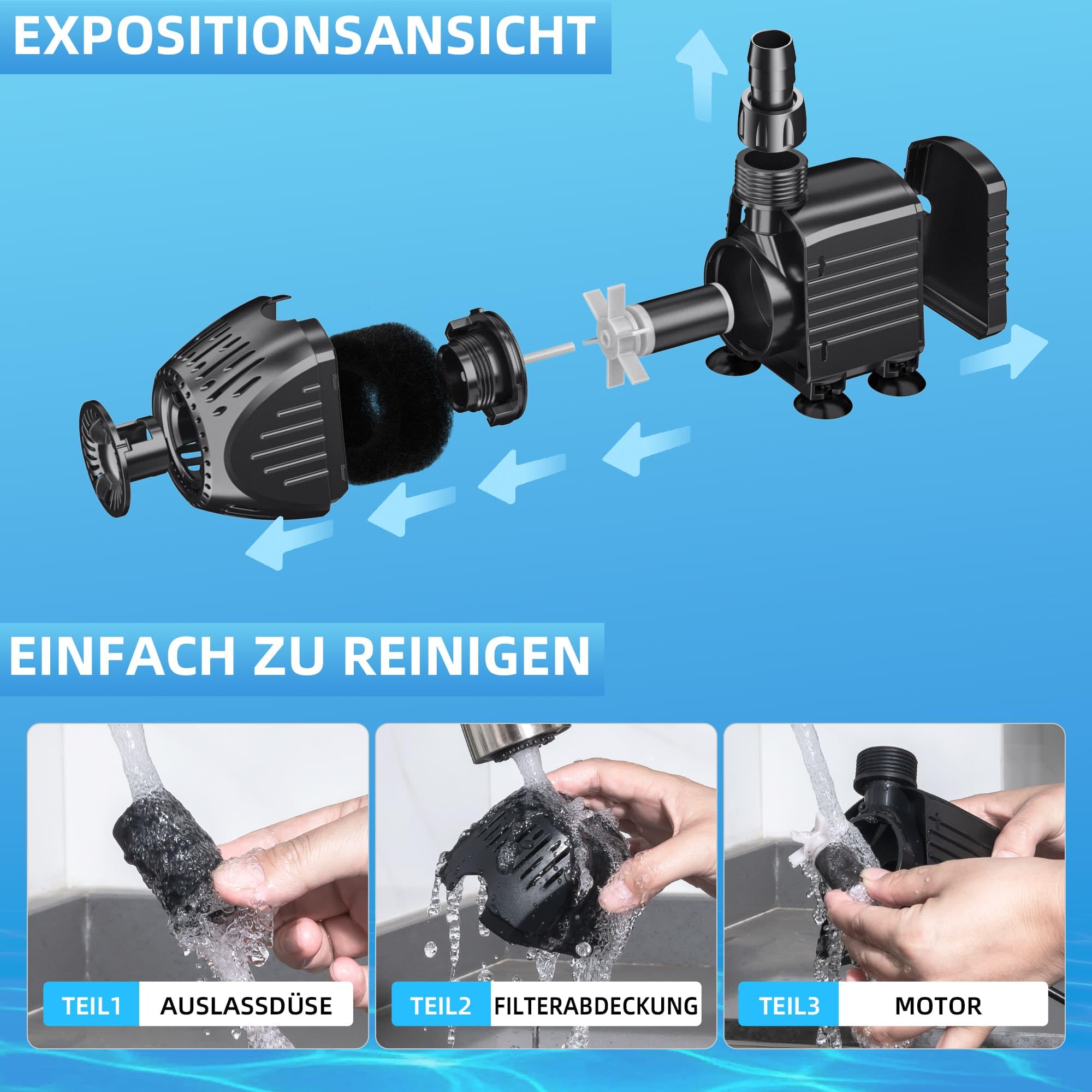 Biling Teichpumpe 1520 L/H Ultra Leise Springbrunnenpumpe Schutz vor überhitzung Funktion, Wasserpumpe Tauchpumpe mit 3m Kabel für Fontänen und Wasserspiel Brunnen Hydroponik-Systeme, Schwarz
