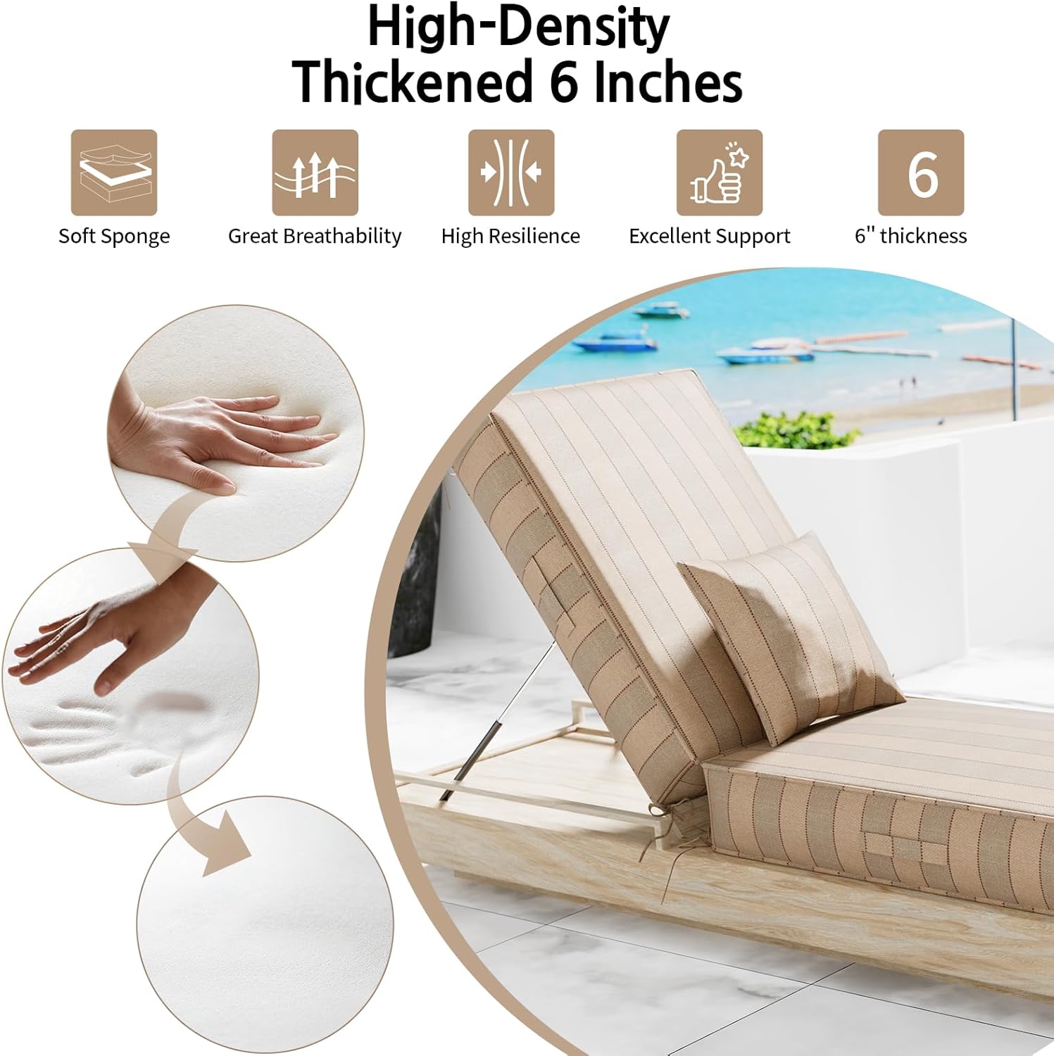 Chaise Lounge Cushions Outdoor with Pillow Handle, Olefin 80x26x6 Inch Double Waterproof & Fade Resistant Thick Lounge Chair Cushions with Removable Cover and Straps, Patio Lounger Pads, Beige Stripe