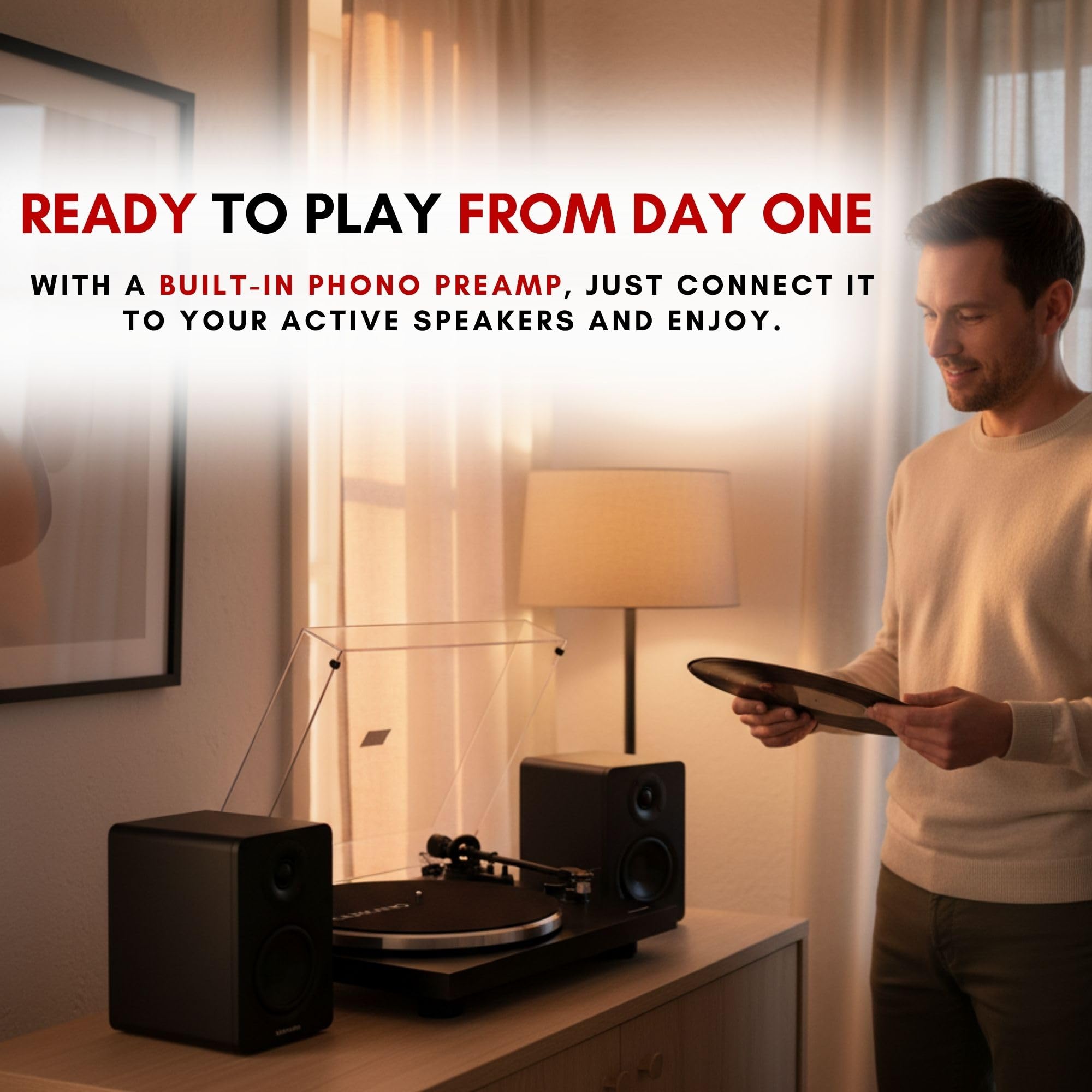 VULKKANO TD10 Gramofon Bluetooth z automatycznym odtwarzaniem, precyzyjne ramię, zintegrowany korektor fonu/linia i elegancka konstrukcja kompatybilna z winylami 33 i 45 obr./min