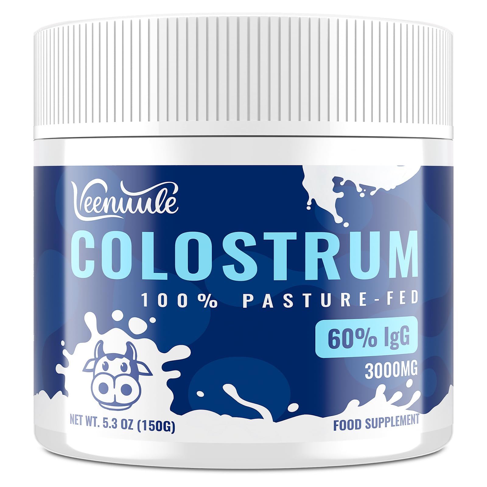 Veenuule Colostrum Powder 3000MG, with 60% Natural IgG (Immunoglobulins), Grass Fed Cow Colostrum, Non-GMO, Unflavored 50 Servings