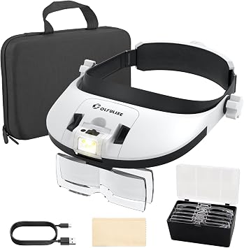 COLFULINE Head Magnifier with Light 5 Interchangeable Lenses & 3 Color Mode | High Quality Clear Lense,2 Brightness Levels and 3 Color Lights,USB Rechargeable Battery,Comfortable & Adjustable Headband