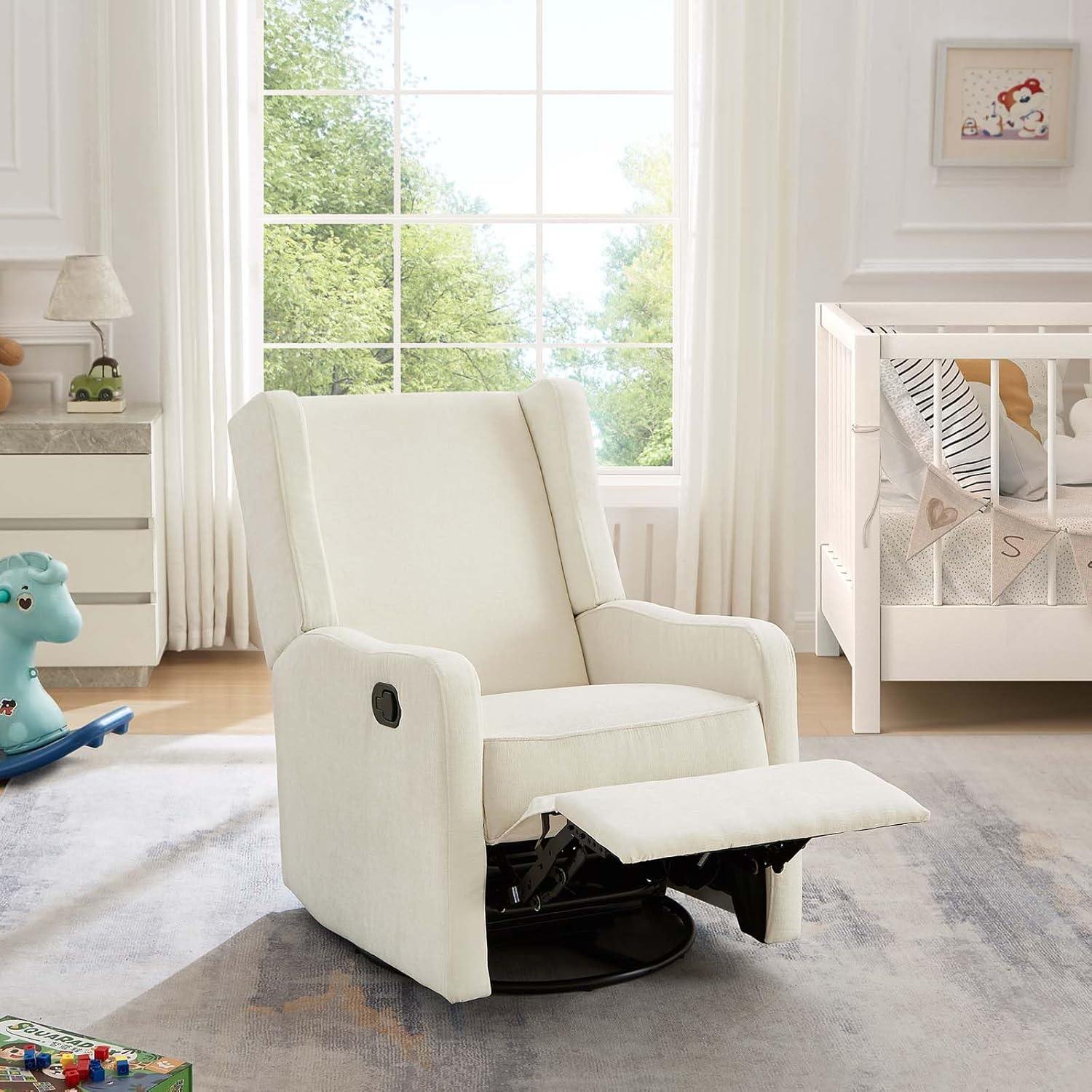 Nursery Glider Recliner Chair for Adults, Modern Swivel Rocker Recliners with Footrest, Comfy Chenille Rocking Chair Nursery for Living Room, Bedroom, Beige