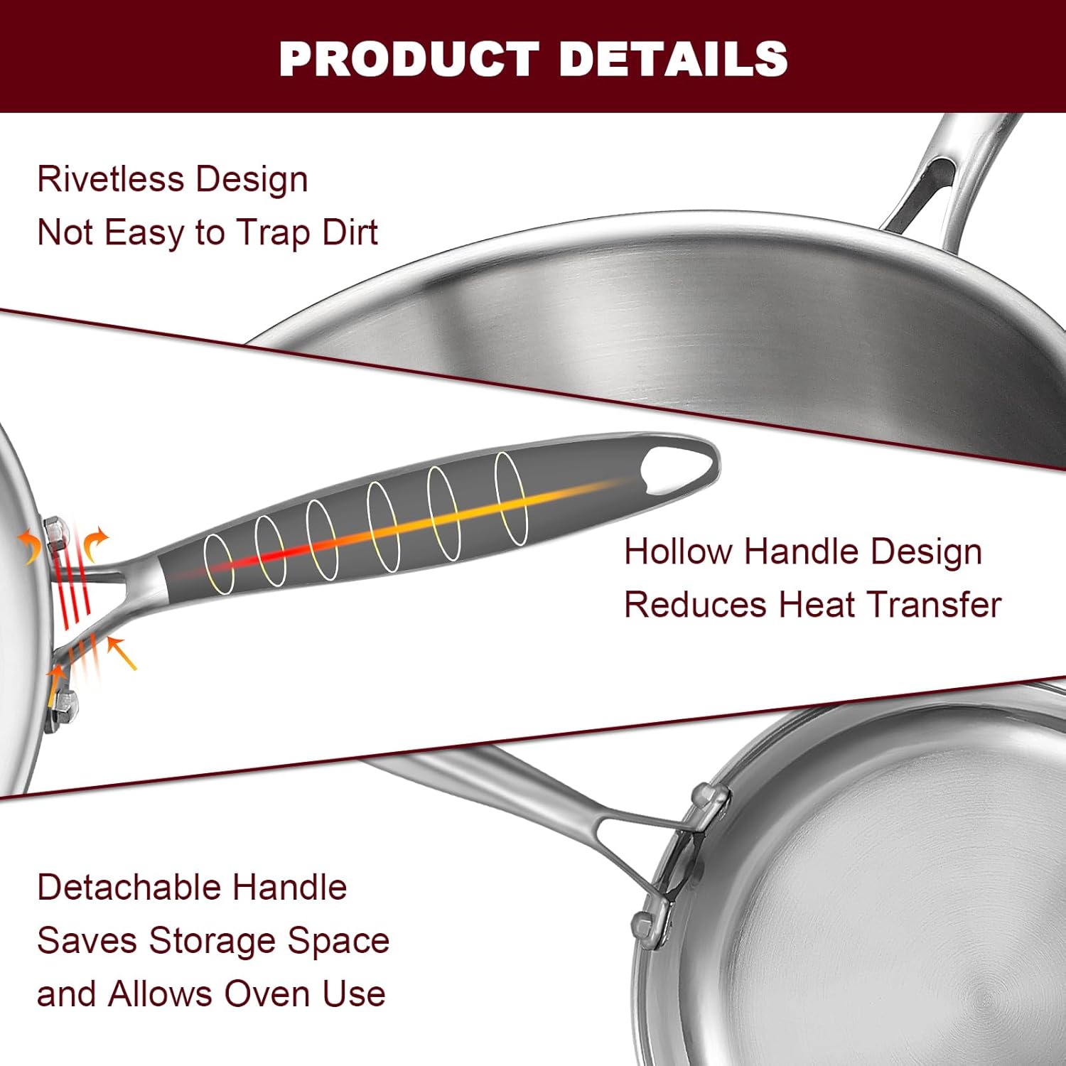 EWFEN 12 Inch Tri-Ply Stainless Steel Frying Pan, Compatible with All Cooktops Up to 600℉, Large Frying Pan Induction-Ready Skillet, Dishwasher and Oven Safe, Even Heat