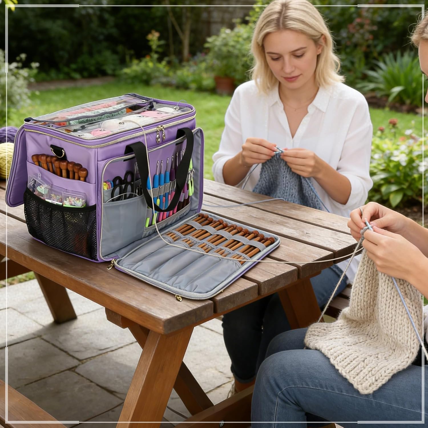 Anitor Large Crochet Bag Knitting Bag Yarn Storage Tote, Yarn Bag with Clear Top Lid, Unfinished Project Compartment, 6 Yarn Holes. Holds Knitting Needles, Crochet Hooks, Yarn, Purple, (Bag Only)