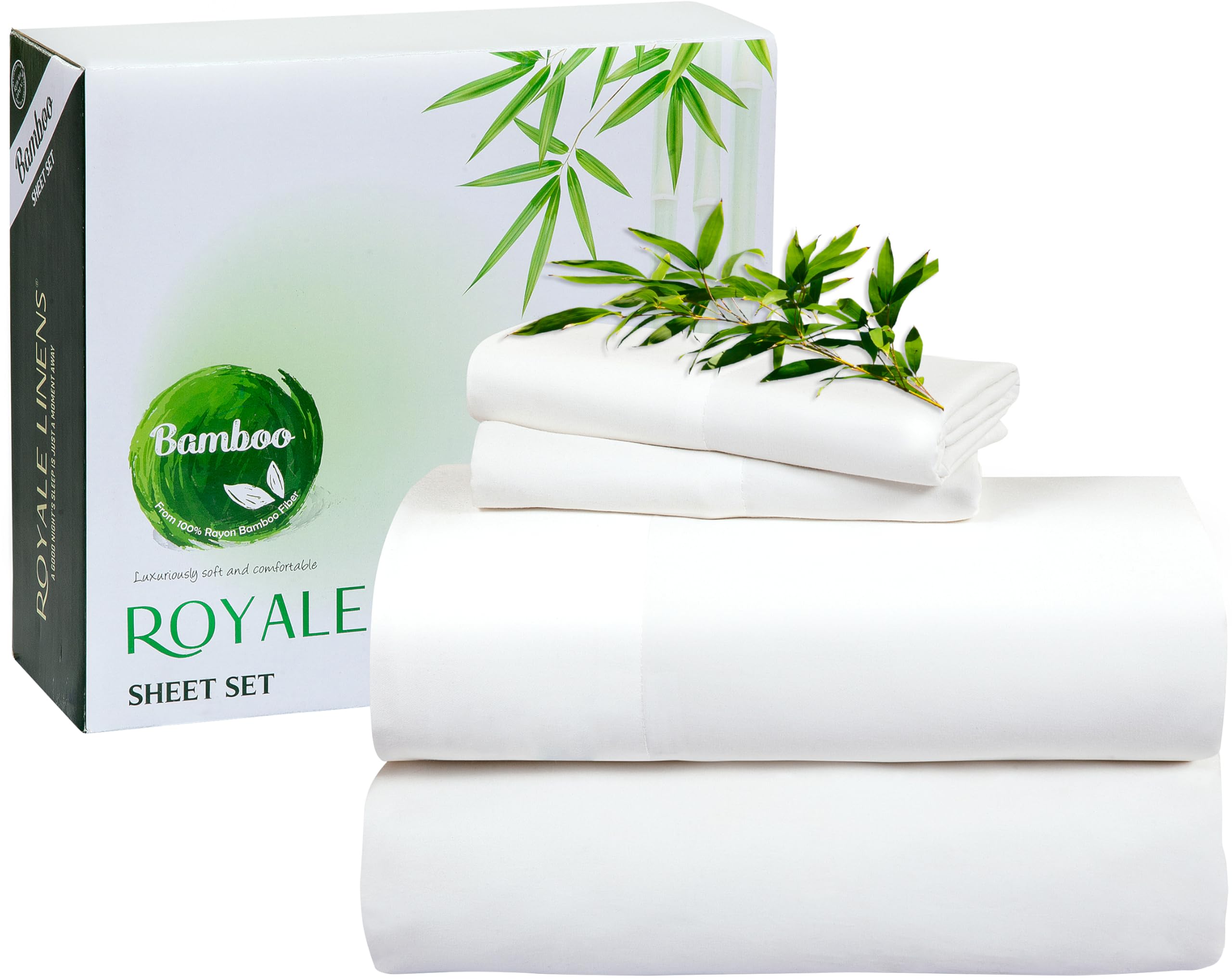 ROYALE LINENS Bamboo Viscose Full Sheet Set - Cooling Bed Sheet Set - 1 Fitted, 1 Flat &amp; 2 Pillowcase - Fits Up to 16" - Organic Viscose Derived from Bamboo - Bedding Sheet &amp; Pillowcase (Full, White)
