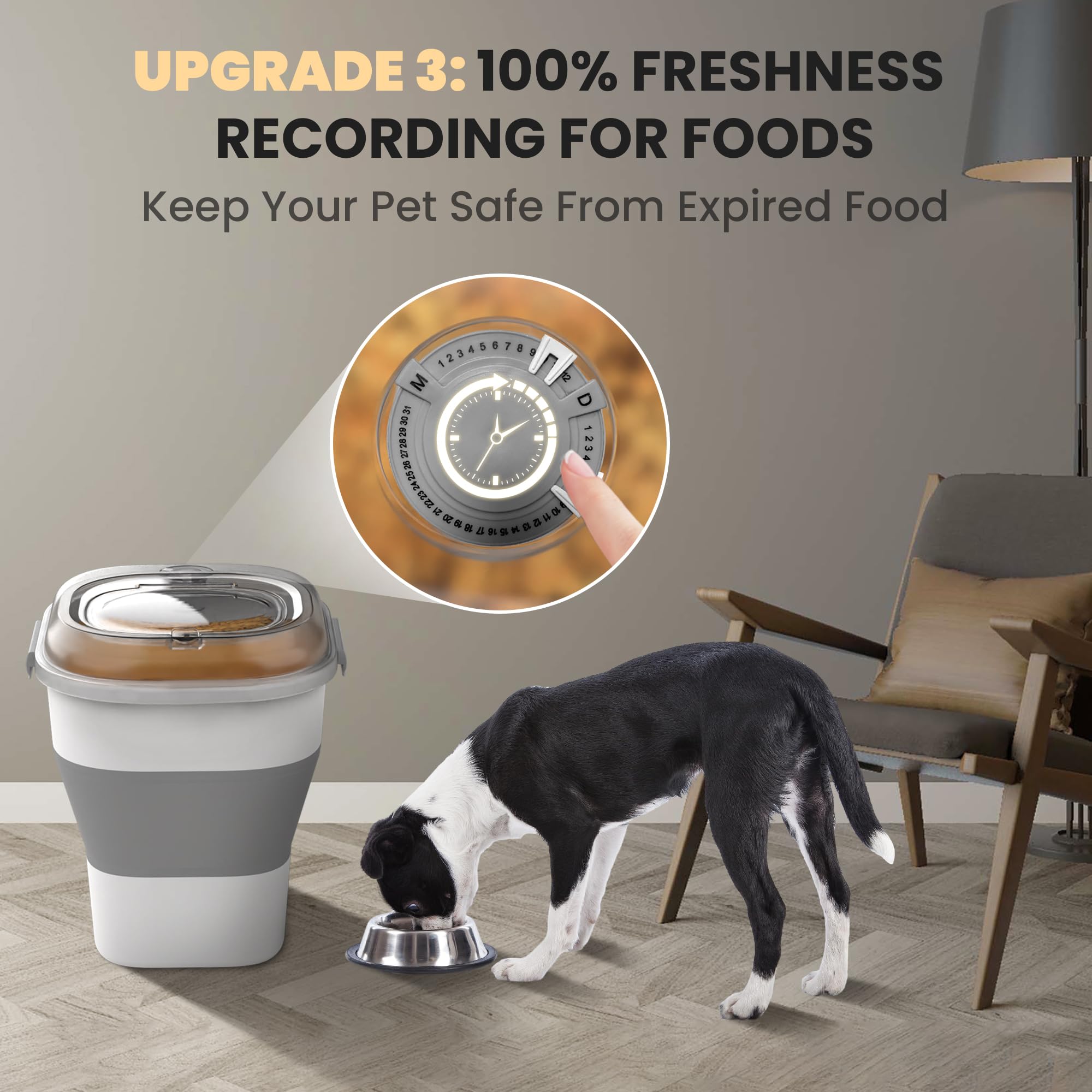 Contenedor de almacenamiento de alimentos para perros de 32 a 35 libras, contenedor plegable de comida para perros con tapa hermética transparente, ruedas, pista de fecha, contenedor de