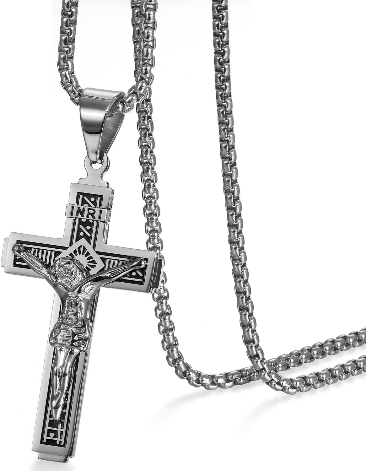 Catholic Jesus Christ on INRI Cross Crucifix Prayer Stainless Steel Pendant Necklace 22 Inch Chain