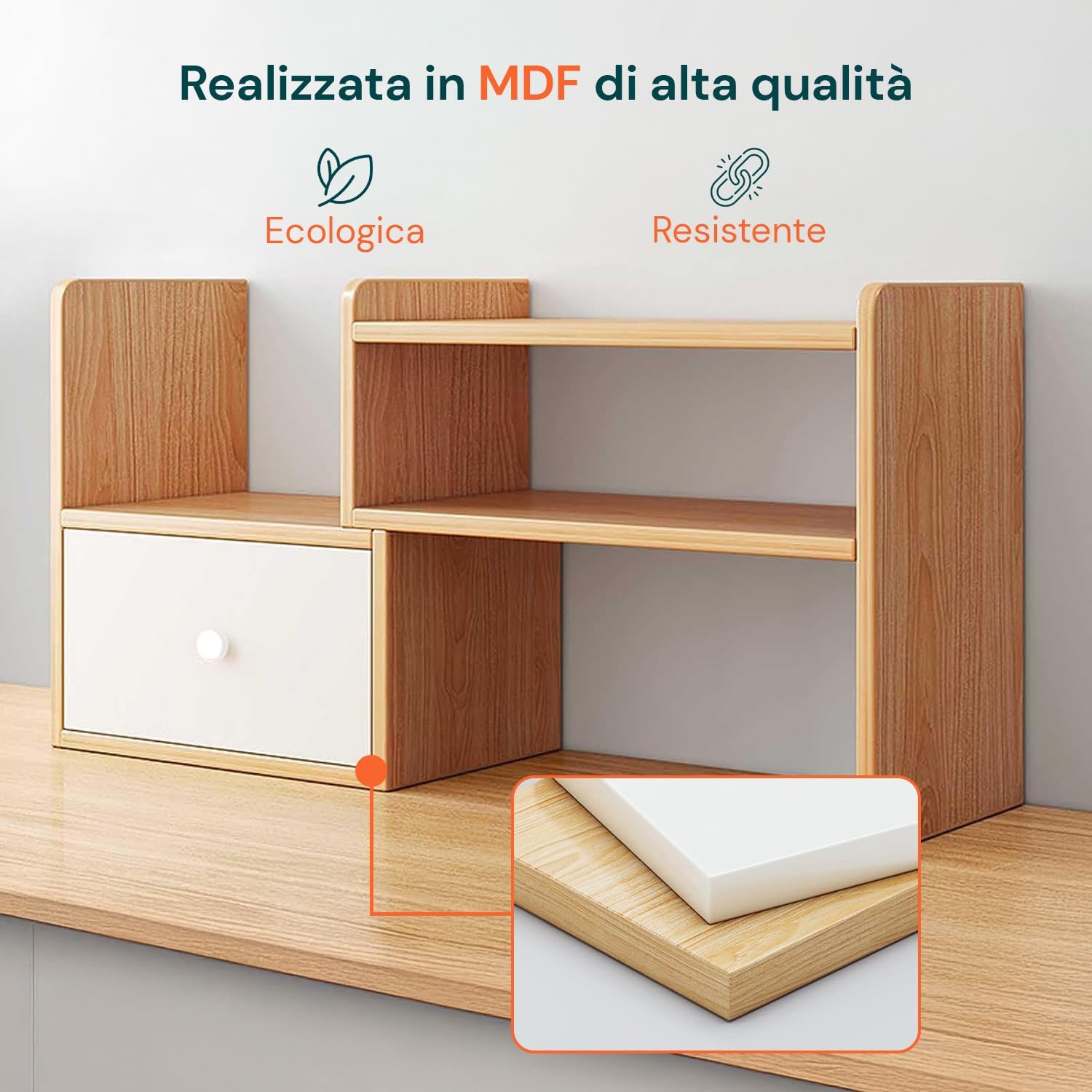 Wintem - Organizer Porta Libri da Scrivania Salvaspazio in Legno con 5 Scomparti e 1 Cassetto Estensibile, Libreria da Scrivania, Design Modulabile Facile da Montare e Resistente