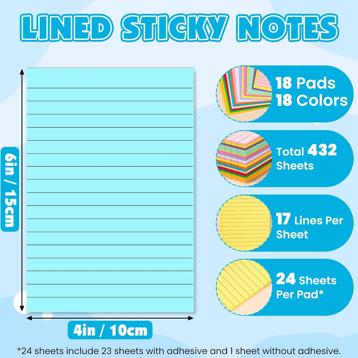 18 Pads Lined Sticky Notes, 18 Colors 4in × 6in Note Pads, 24 Sheets/Pad image 2