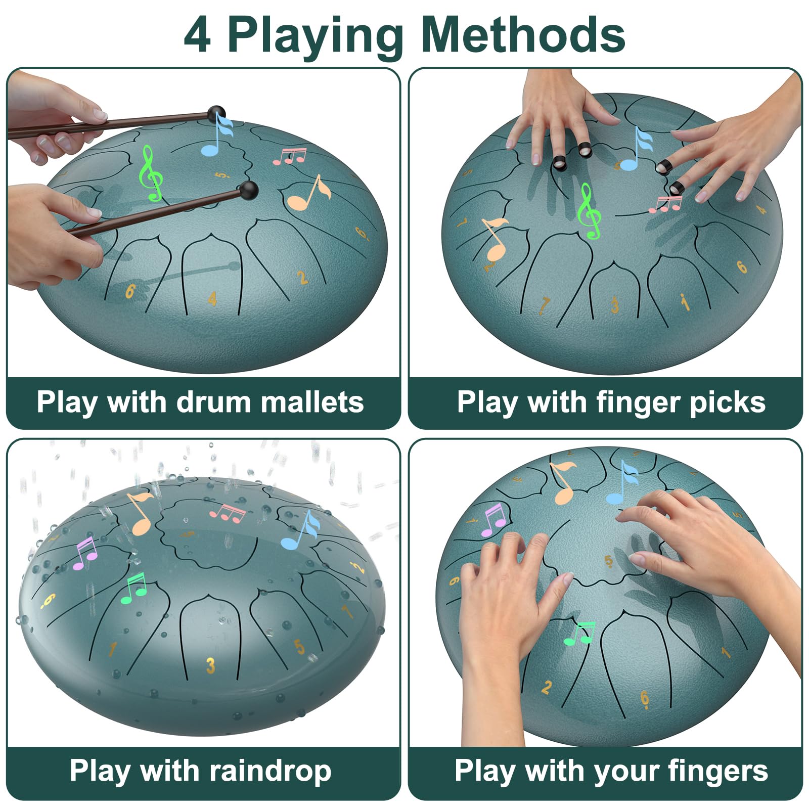 D Major Steel Tongue Drum Handpan, 12 Inch 13 Note Rain Drum for Outside Garden, Meditation Rain Chime, Musical Percussion Instrument for Adult Gift with Bag, Music Book, Drum Mallets (Moss Blue) 4