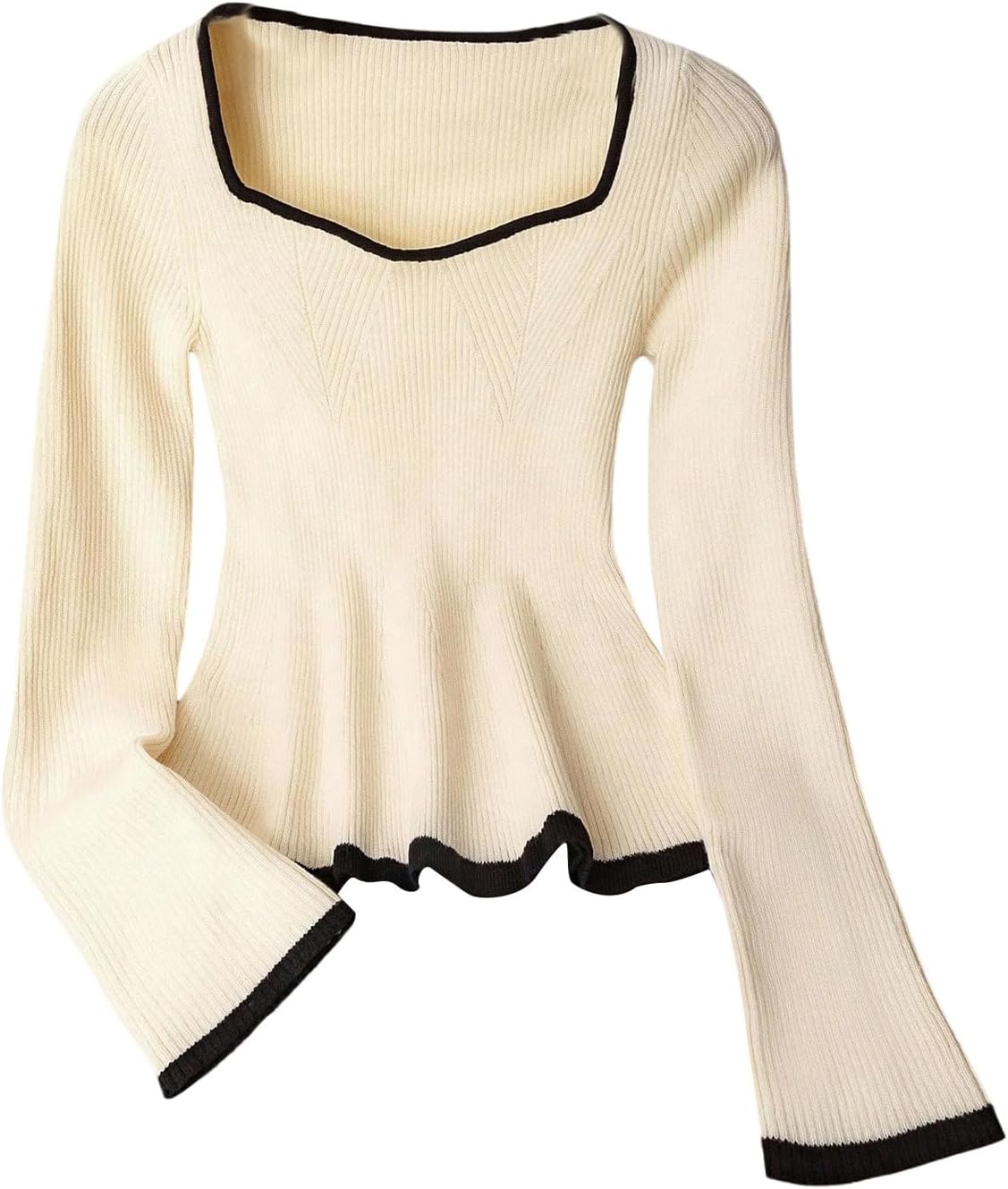 GORGLITTER Women's Peplum Sweater Cute Ruffle Long Sleeve Sweetheart Neck Knit Babydoll Pullover Jumper Tops Fall Outfits