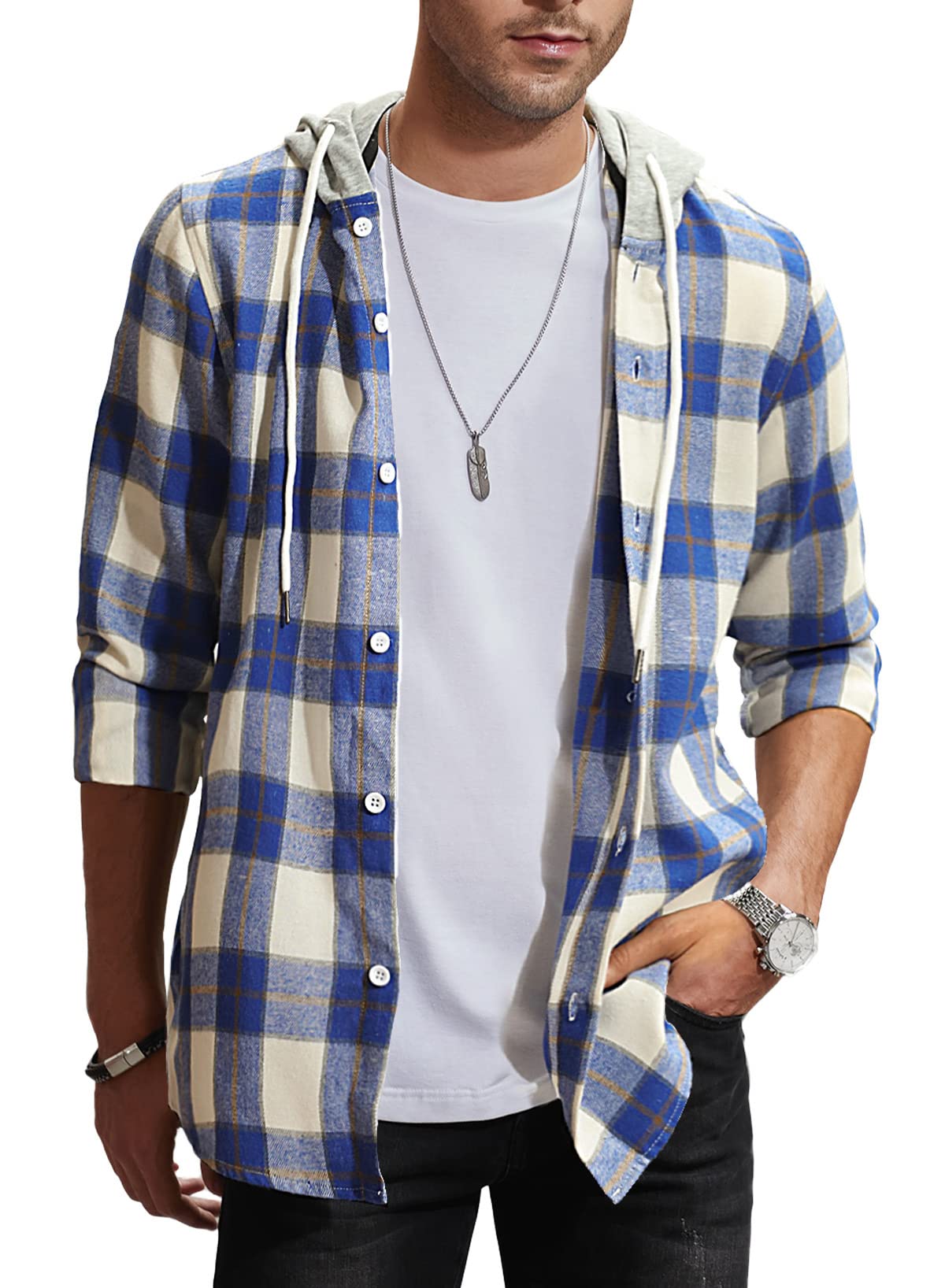 JMIERR Mens Flannel Plaid Hoodie Shirts Casual Button Down Long Sleeve Lightweight Fall Shirt Jackets US 37.5(S),Sky Blue