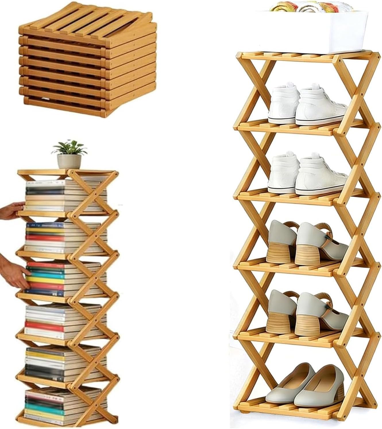9-Tier Bamboo Shoe Rack No Assembly Required-Foldable Vertical Shoe Organizer for Entryway & Closets,Space-Saving Narrow Shoe Shelf Holds 14-18 Pairs,Tall Wooden Shoe Tower for Small Spaces (9Tier,A)