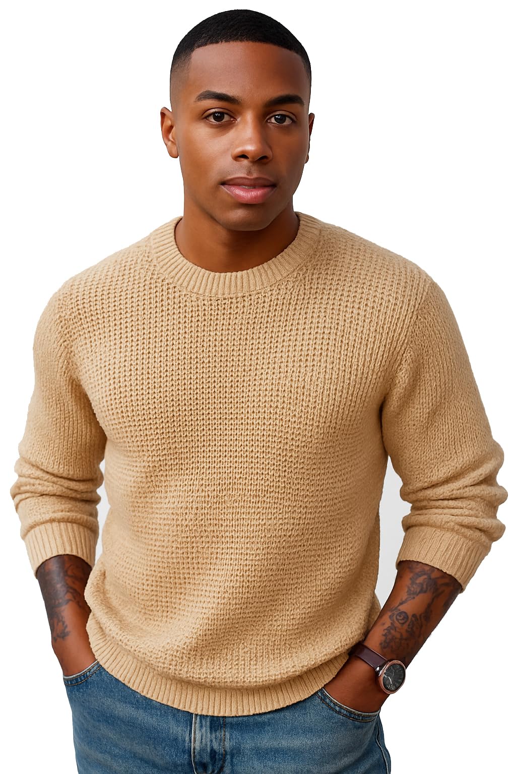 hifzaa Mens Crewneck Pullover Sweater Waffle Textured Long Sleeve Knitted Sweaters-picture-38