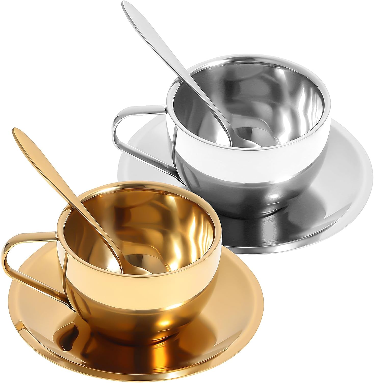 Hemoton Stainless Steel Coffee Cup Set with Saucer and Spoon 2-Piece 4.13X3.14X2.16In European Style Tea Mugs for Home Cafe Party 304 Material